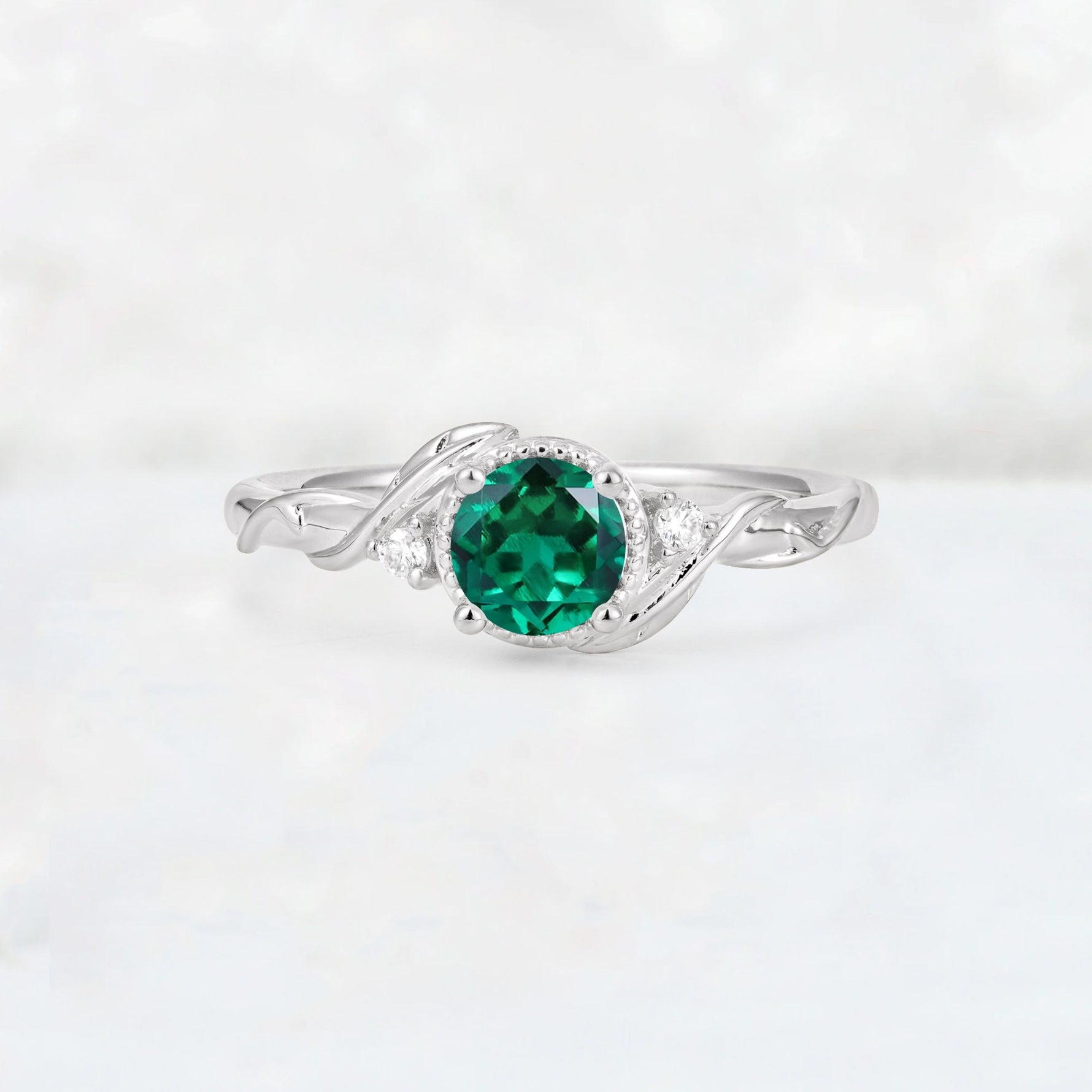 Round Cut Emerald Leaf Vine Nature-Inspired Engagement Ring - Additional view