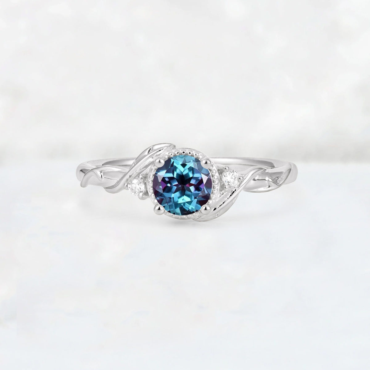 Round Cut Alexandrite Leaf Vine Nature-Inspired Engagement Ring - Additional view