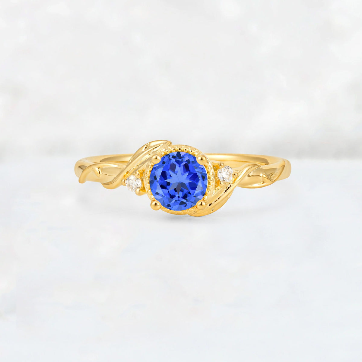Round Cut Sapphire Leaf Vine Nature-Inspired Engagement Ring - Additional view