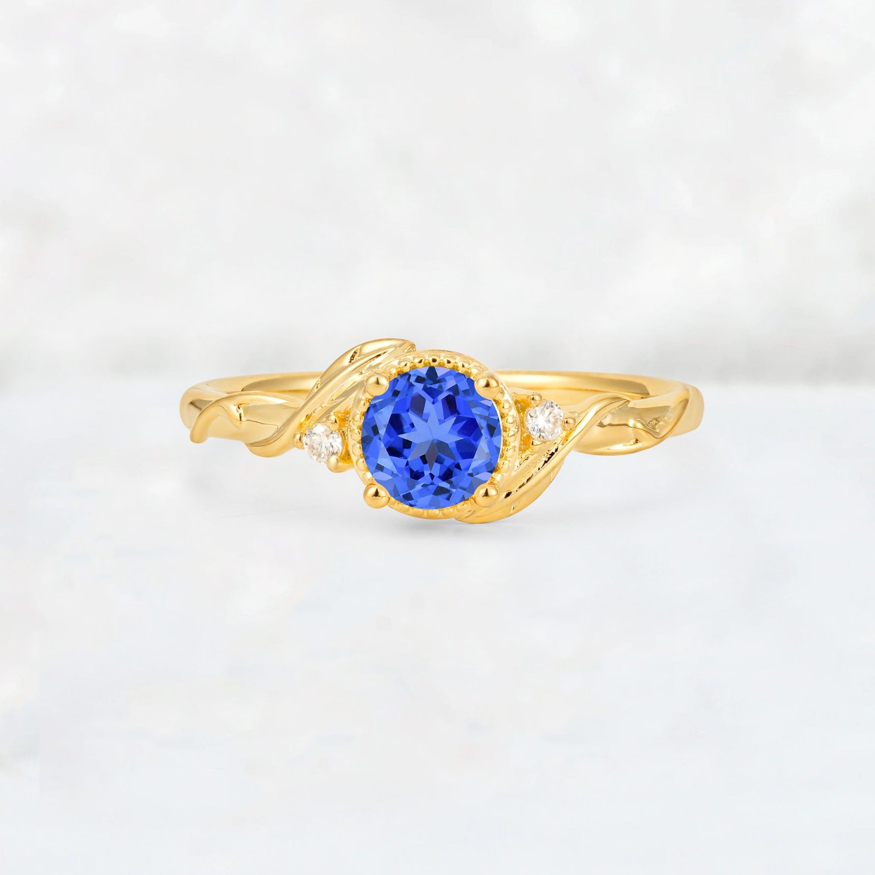 Round Cut Sapphire Leaf Vine Nature-Inspired Engagement Ring - Additional view