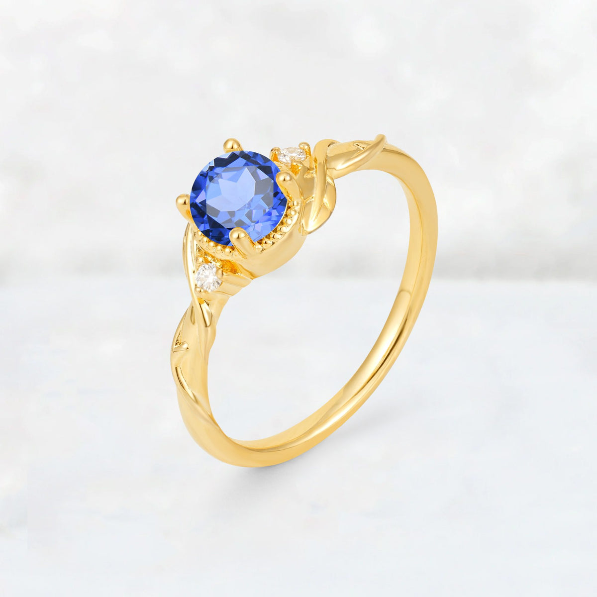 Round Cut Sapphire Leaf Vine Nature-Inspired Engagement Ring - Additional view