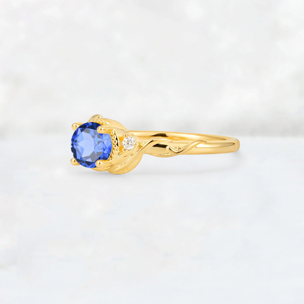 Round Cut Sapphire Leaf Vine Nature-Inspired Engagement Ring - Additional view
