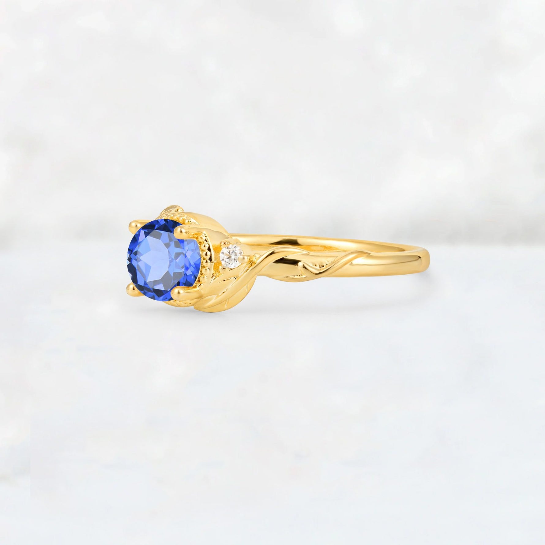Round Cut Sapphire Leaf Vine Nature-Inspired Engagement Ring - Additional view