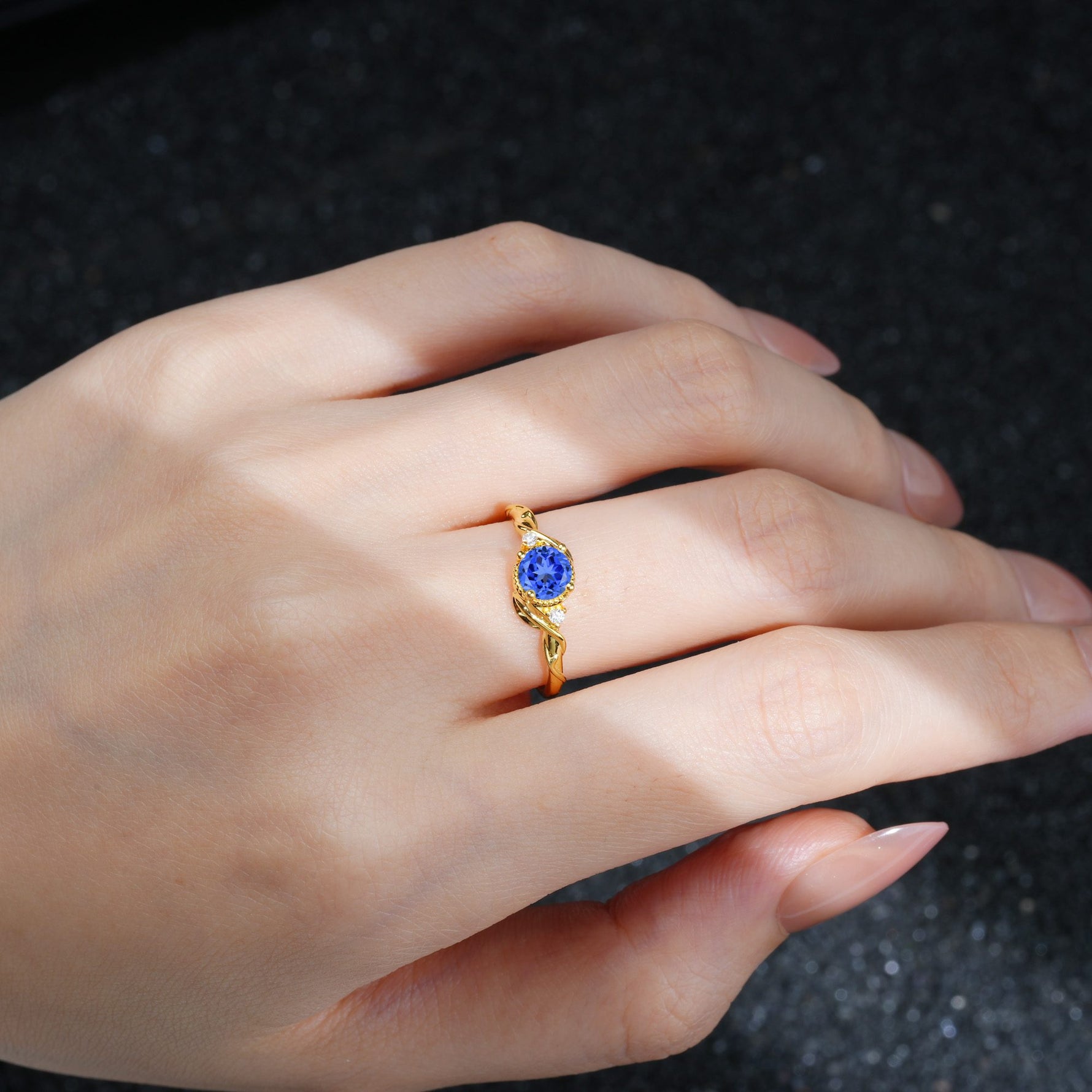 Round Cut Sapphire Leaf Vine Nature-Inspired Engagement Ring - Additional view