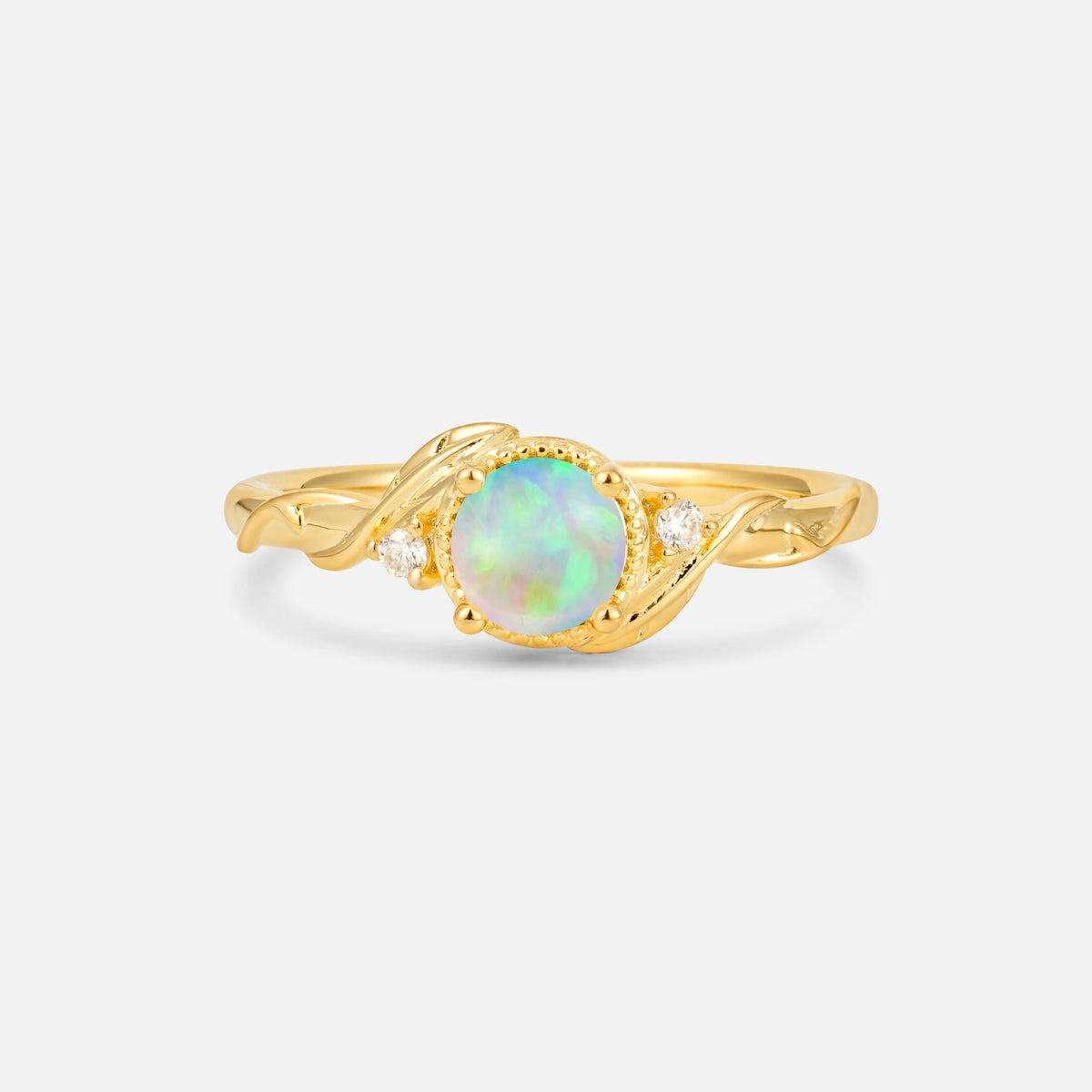 Round Cut Fire Opal Leaf Vine Nature-Inspired Engagement Ring - Additional view