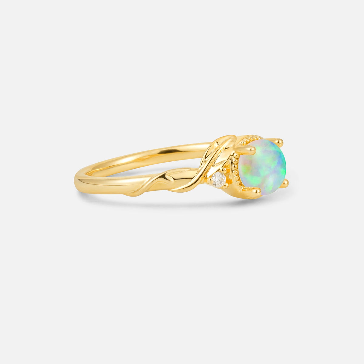 Round Cut Fire Opal Leaf Vine Nature-Inspired Engagement Ring - Additional view