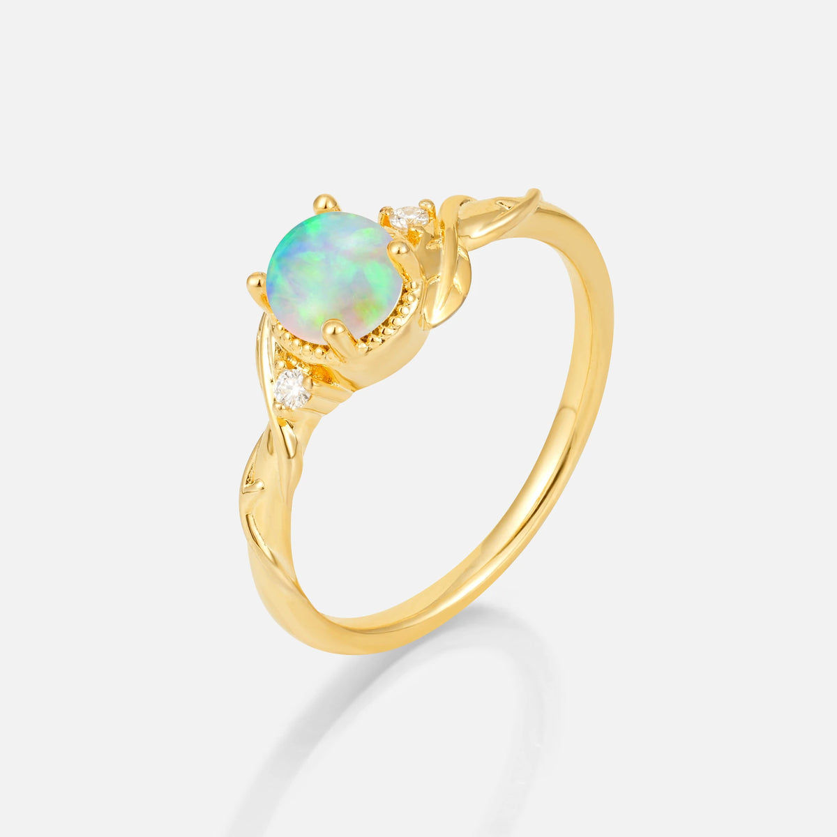 Round Cut Fire Opal Leaf Vine Nature-Inspired Engagement Ring - Additional view