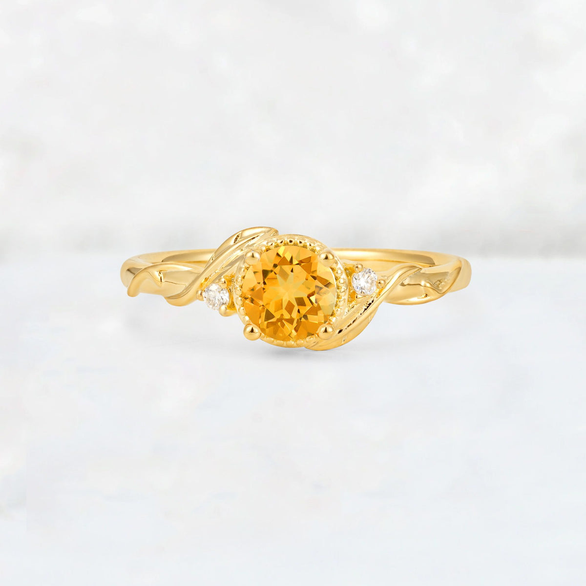 Round Cut Citrine Leaf Vine Nature-Inspired Engagement Ring - Additional view