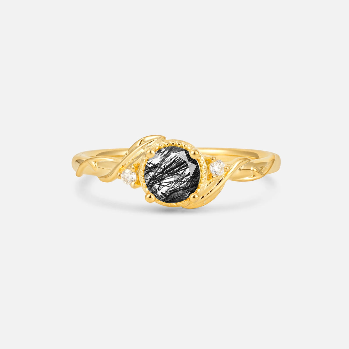 Round Cut Black Rutilated Quartz Leaf Vine Nature-Inspired Engagement Ring - Additional view