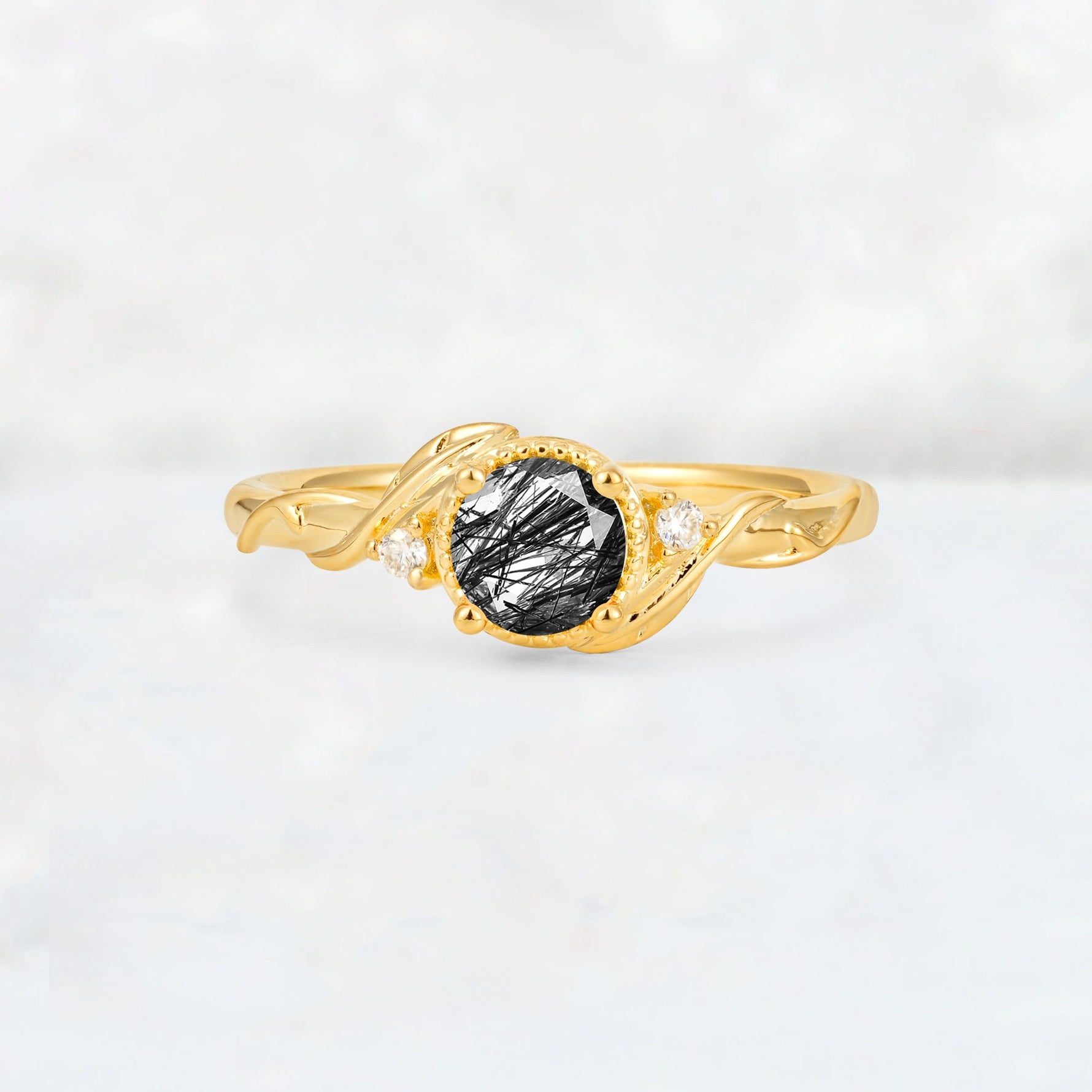 Round Cut Black Rutilated Quartz Leaf Vine Nature-Inspired Engagement Ring - Additional view