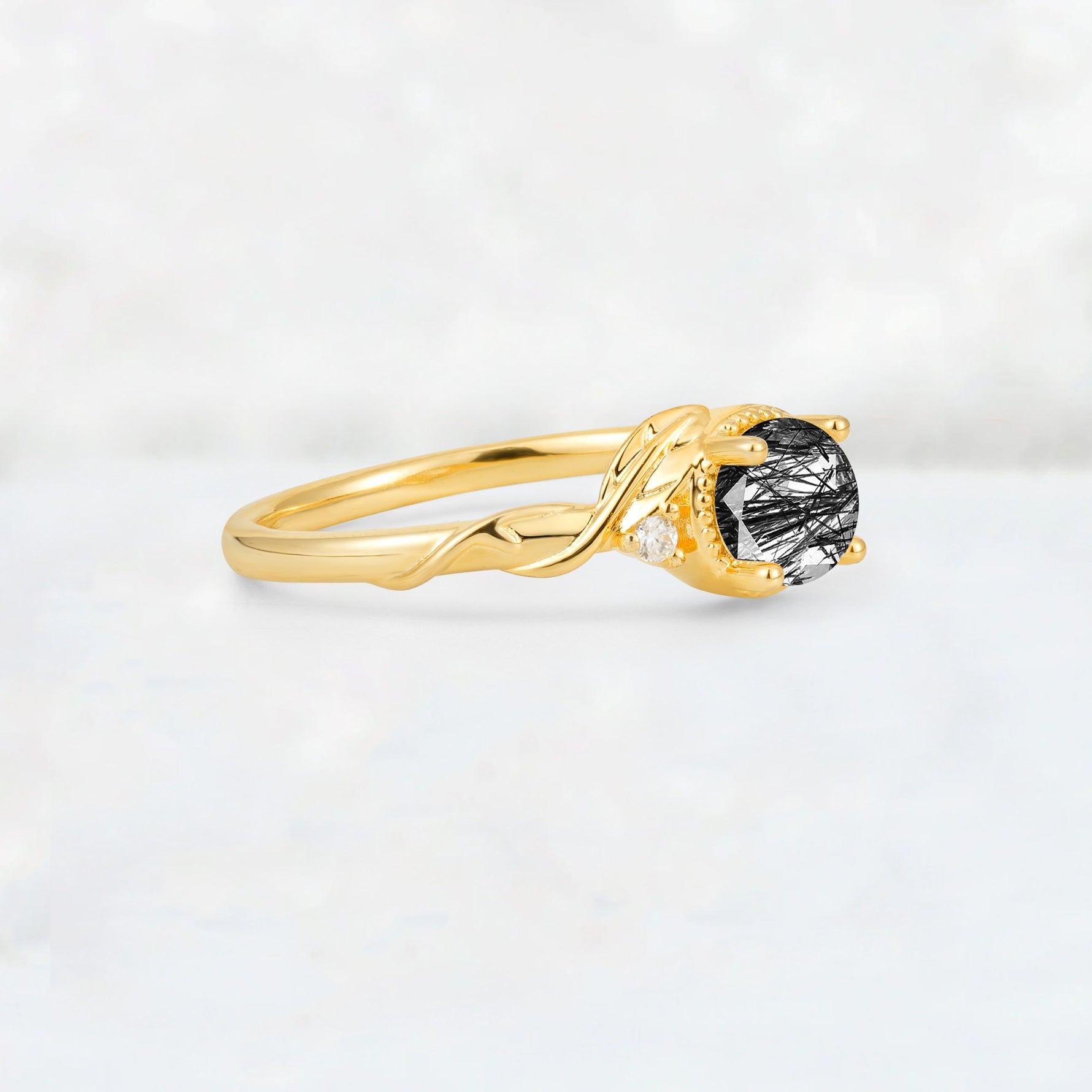 Round Cut Black Rutilated Quartz Leaf Vine Nature-Inspired Engagement Ring - Additional view