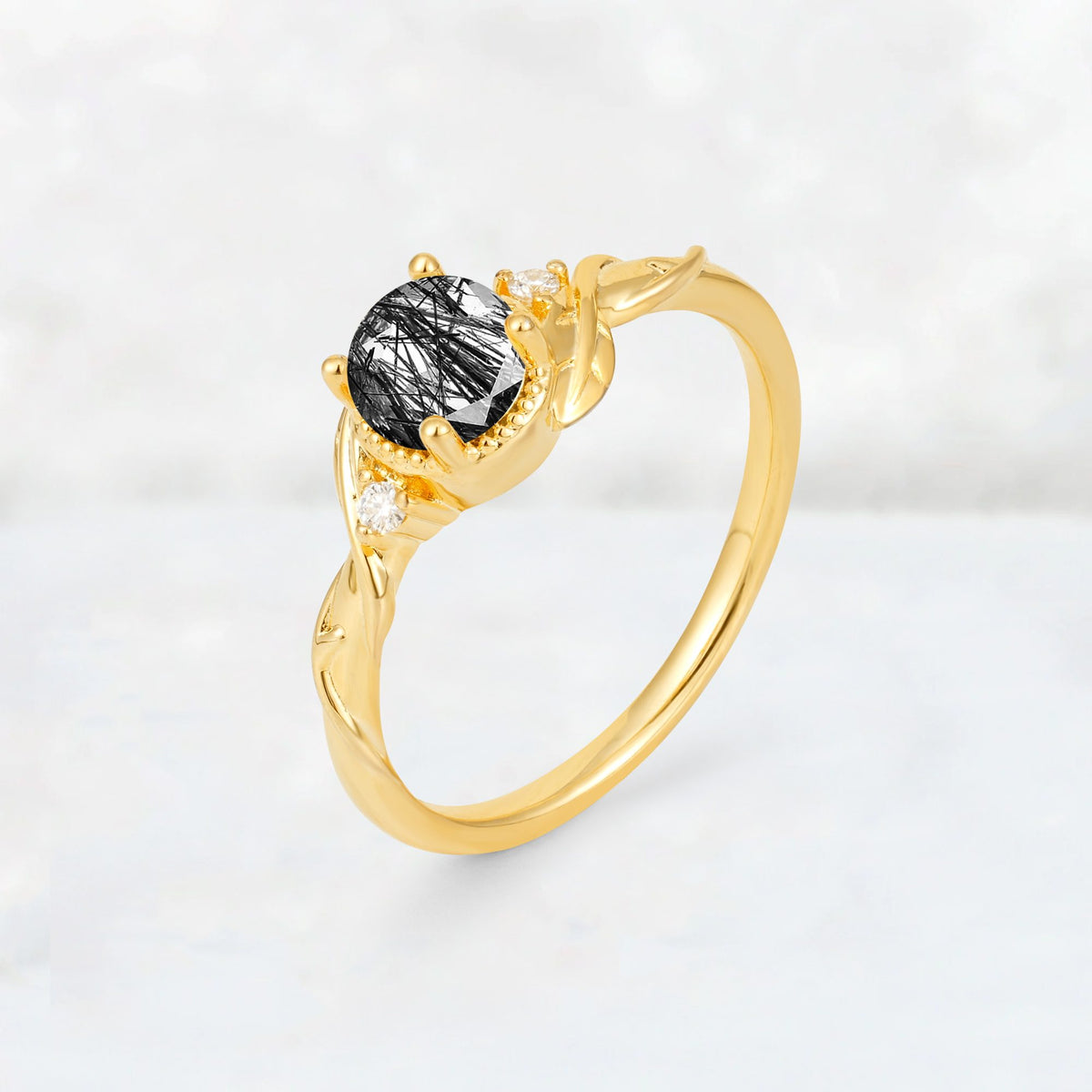 Round Cut Black Rutilated Quartz Leaf Vine Nature-Inspired Engagement Ring - Additional view
