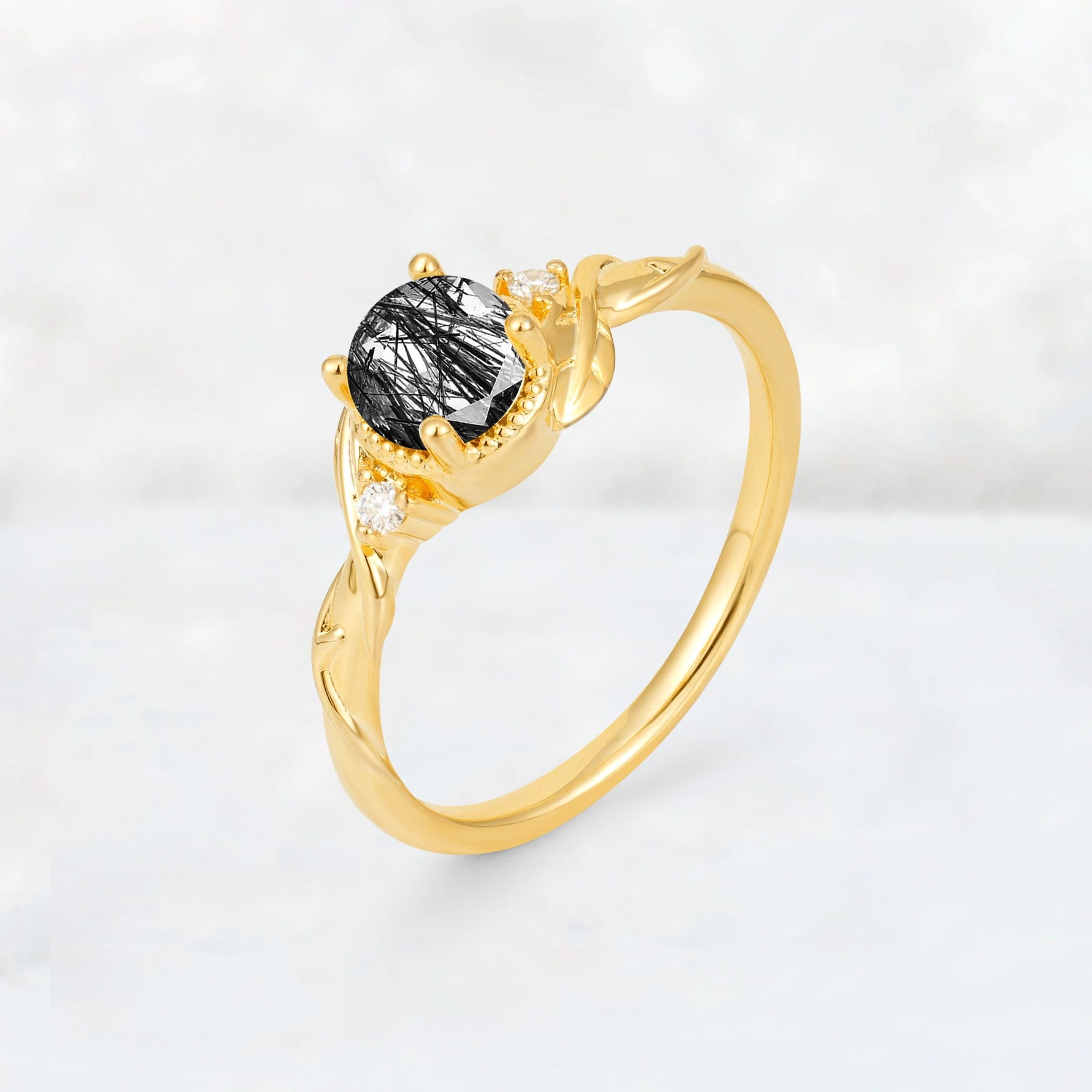 Round Cut Black Rutilated Quartz Leaf Vine Nature-Inspired Engagement Ring - Additional view