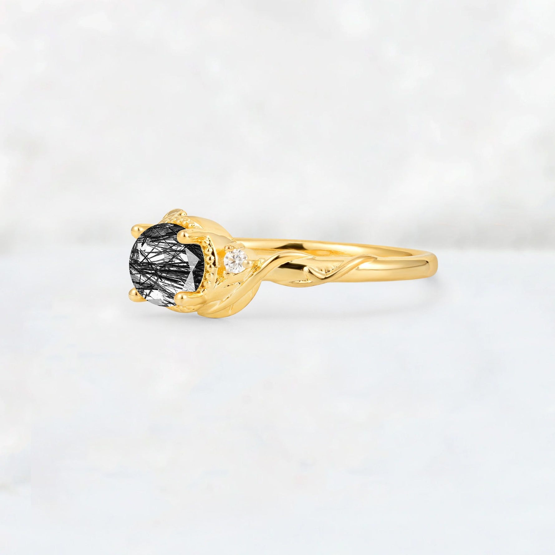 Round Cut Black Rutilated Quartz Leaf Vine Nature-Inspired Engagement Ring - Additional view
