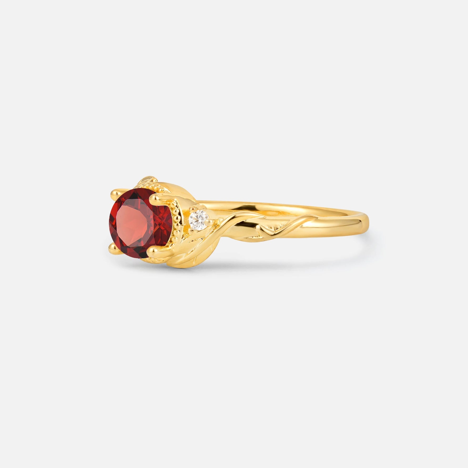 Round Cut Garnet Leaf Vine Nature-Inspired Engagement Ring - Additional view