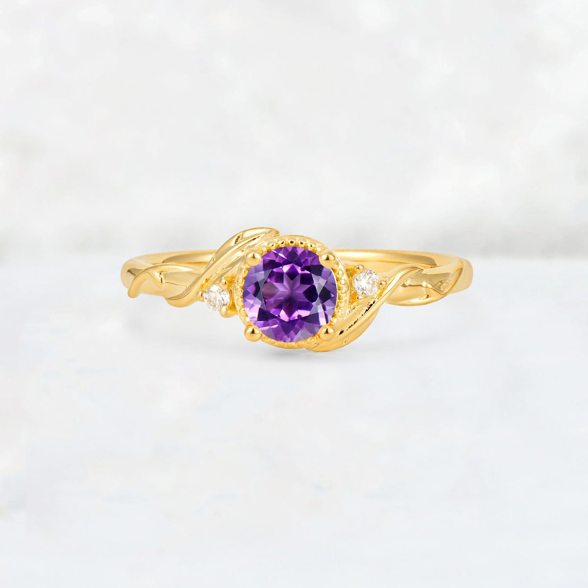 Round Cut Amethyst Leaf Vine Nature-Inspired Engagement Ring - Additional view