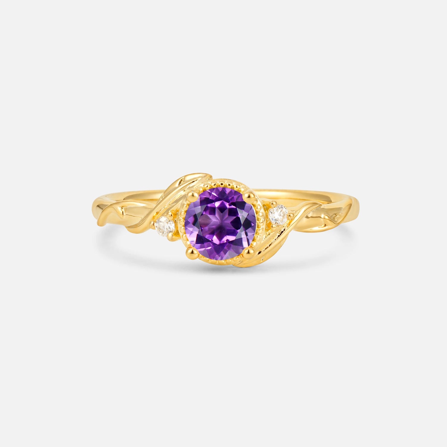 Round Cut Amethyst Leaf Vine Nature-Inspired Engagement Ring - Additional view
