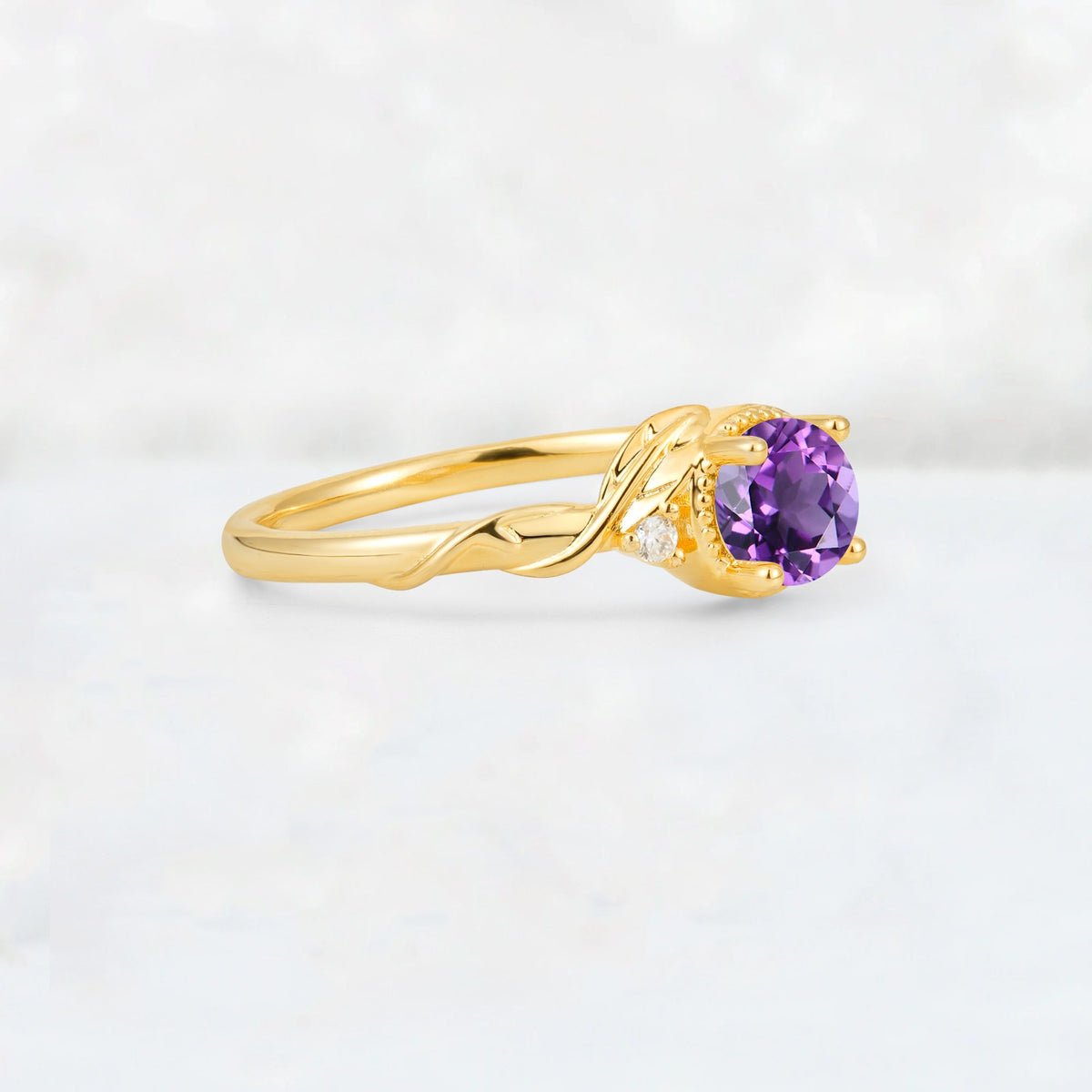 Round Cut Amethyst Leaf Vine Nature-Inspired Engagement Ring - Additional view