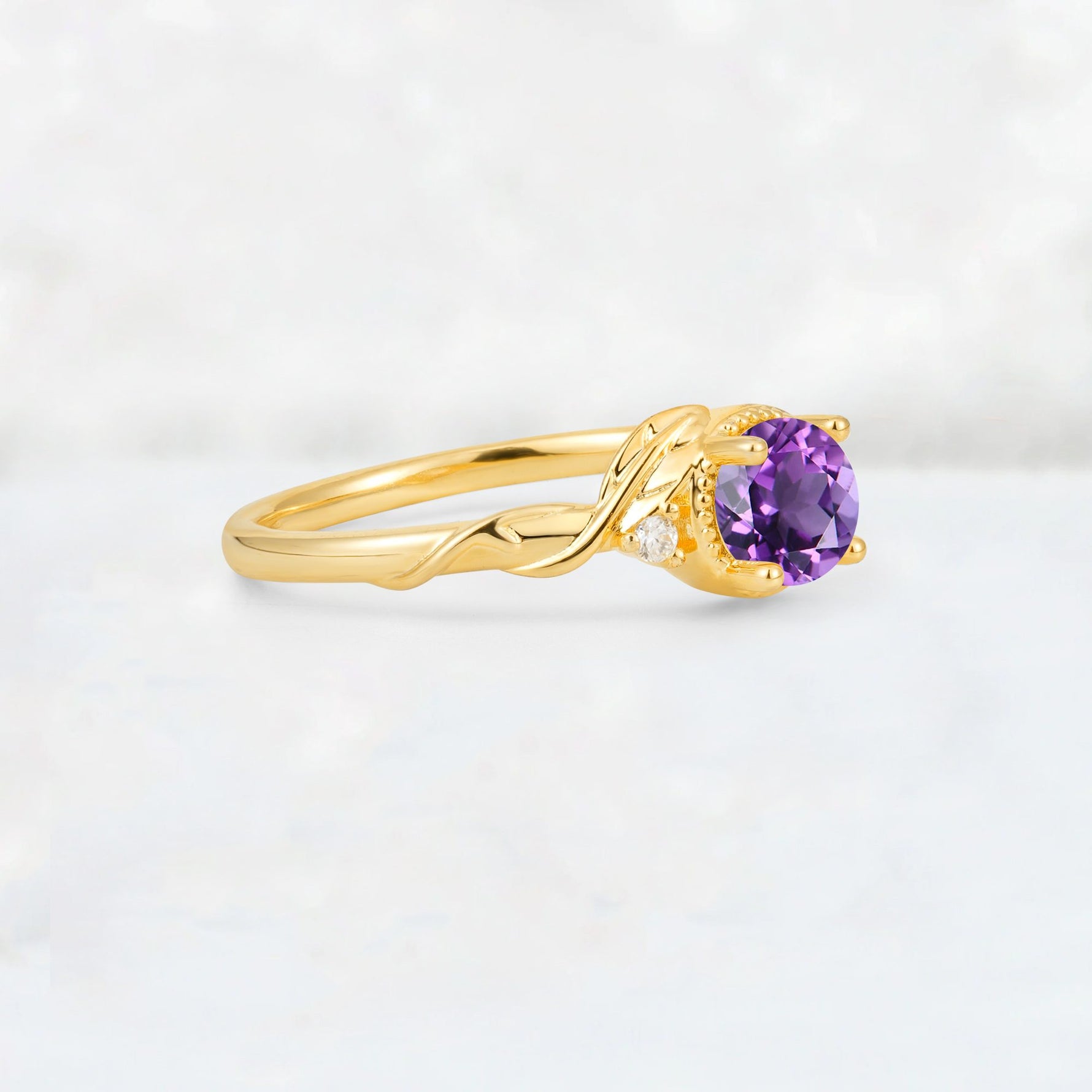 Round Cut Amethyst Leaf Vine Nature-Inspired Engagement Ring - Additional view