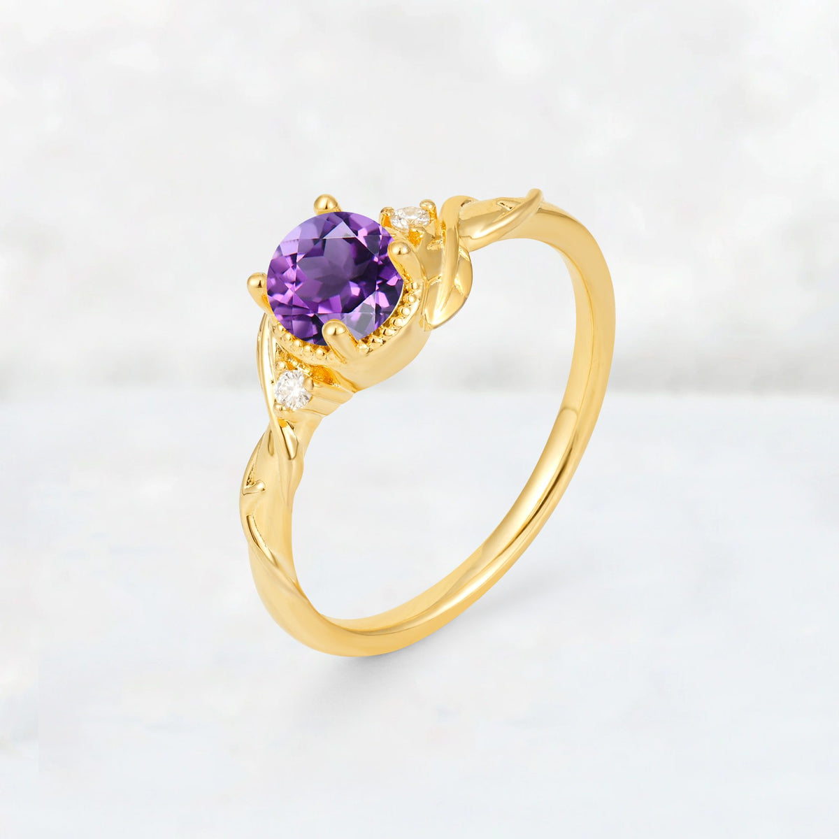 Round Cut Amethyst Leaf Vine Nature-Inspired Engagement Ring - Additional view
