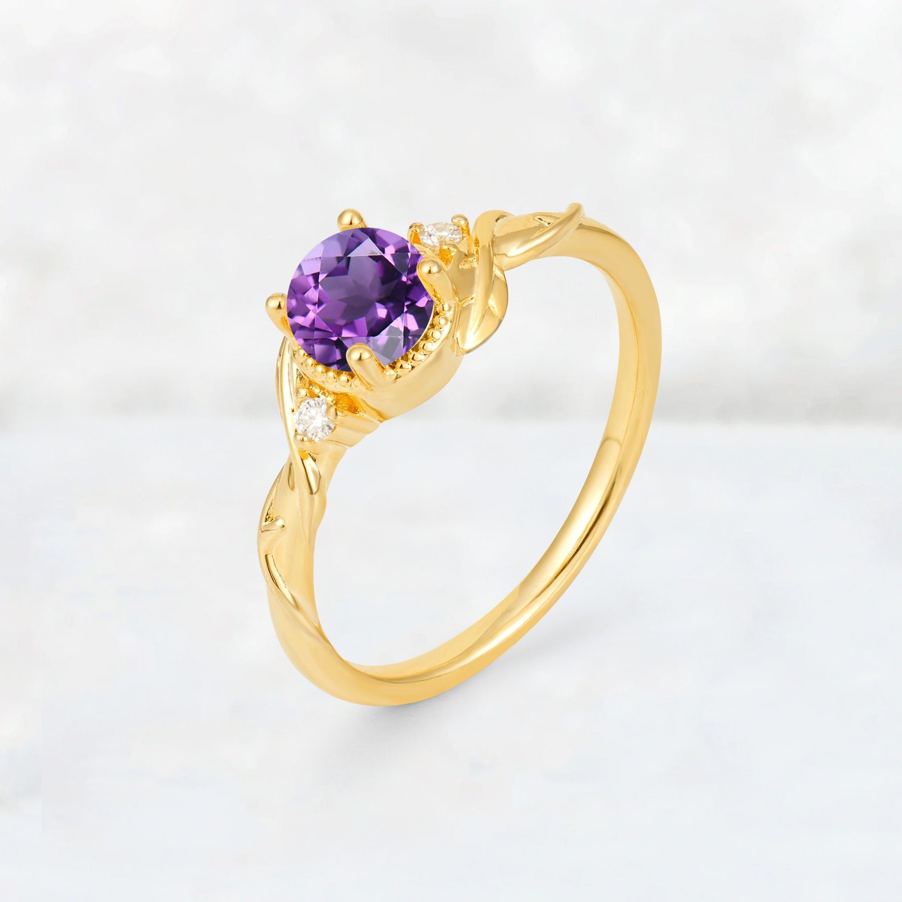 Round Cut Amethyst Leaf Vine Nature-Inspired Engagement Ring - Additional view