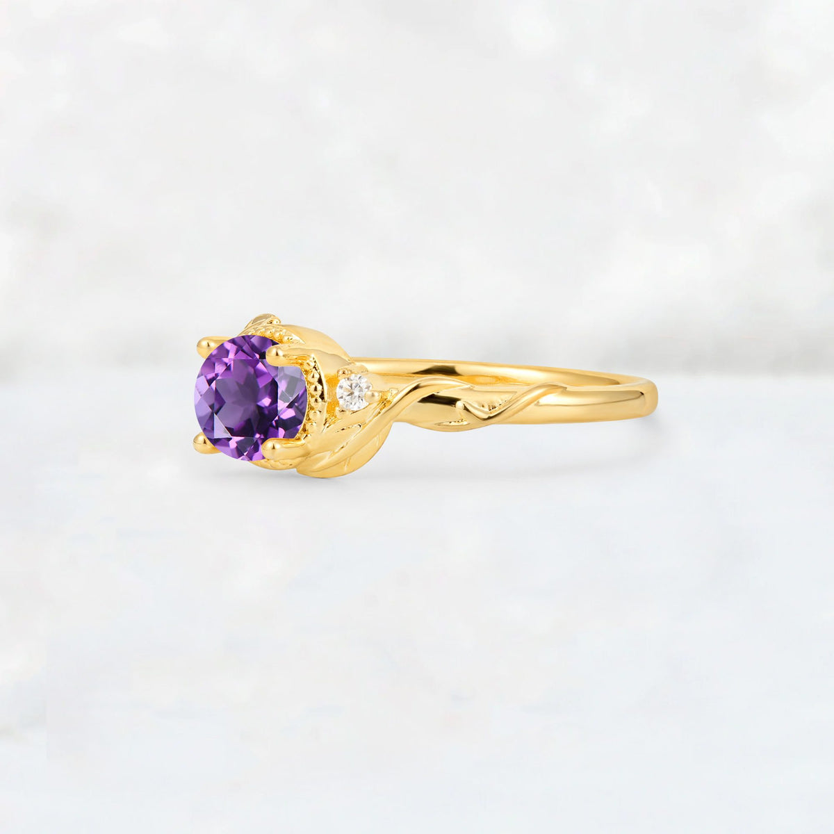 Round Cut Amethyst Leaf Vine Nature-Inspired Engagement Ring - Additional view