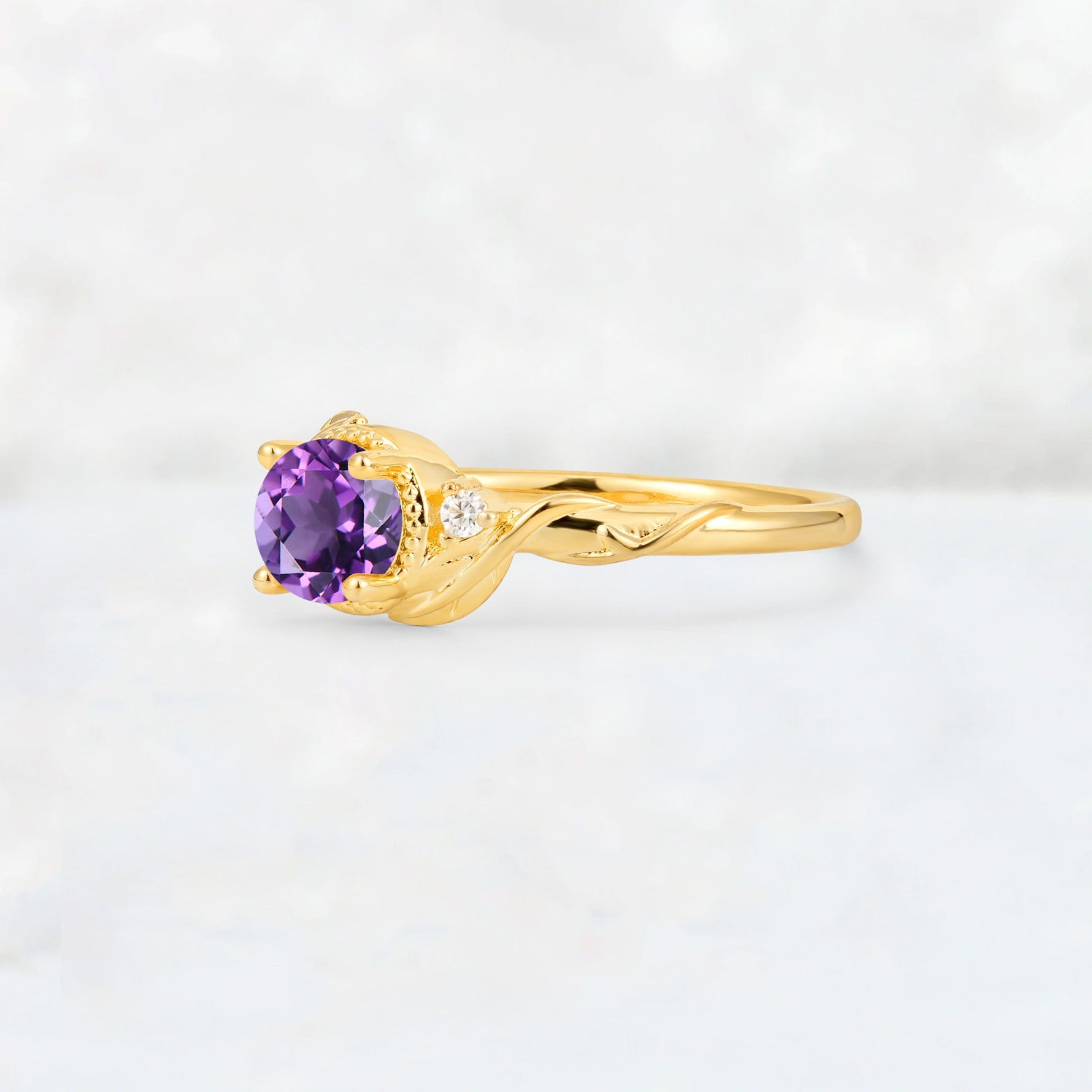 Round Cut Amethyst Leaf Vine Nature-Inspired Engagement Ring - Additional view