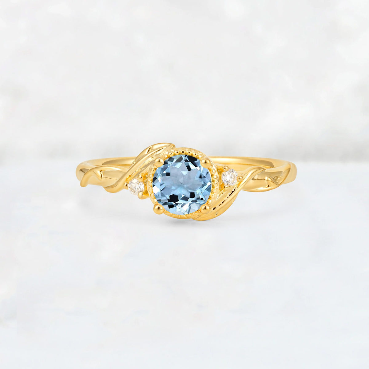 Round Cut Aquamarine Leaf Vine Nature-Inspired Engagement Ring - Additional view