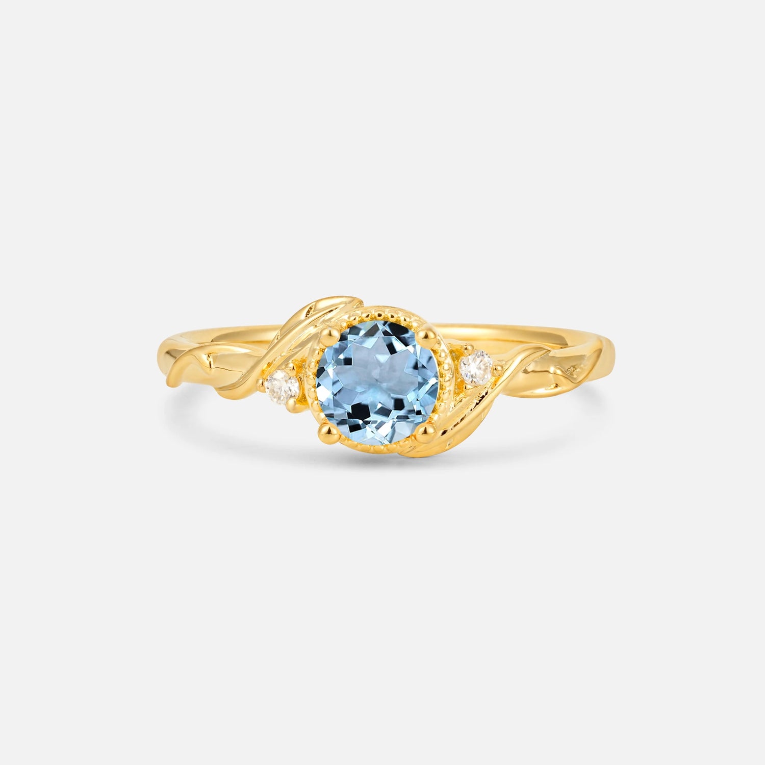 Round Cut Aquamarine Leaf Vine Nature-Inspired Engagement Ring - Additional view