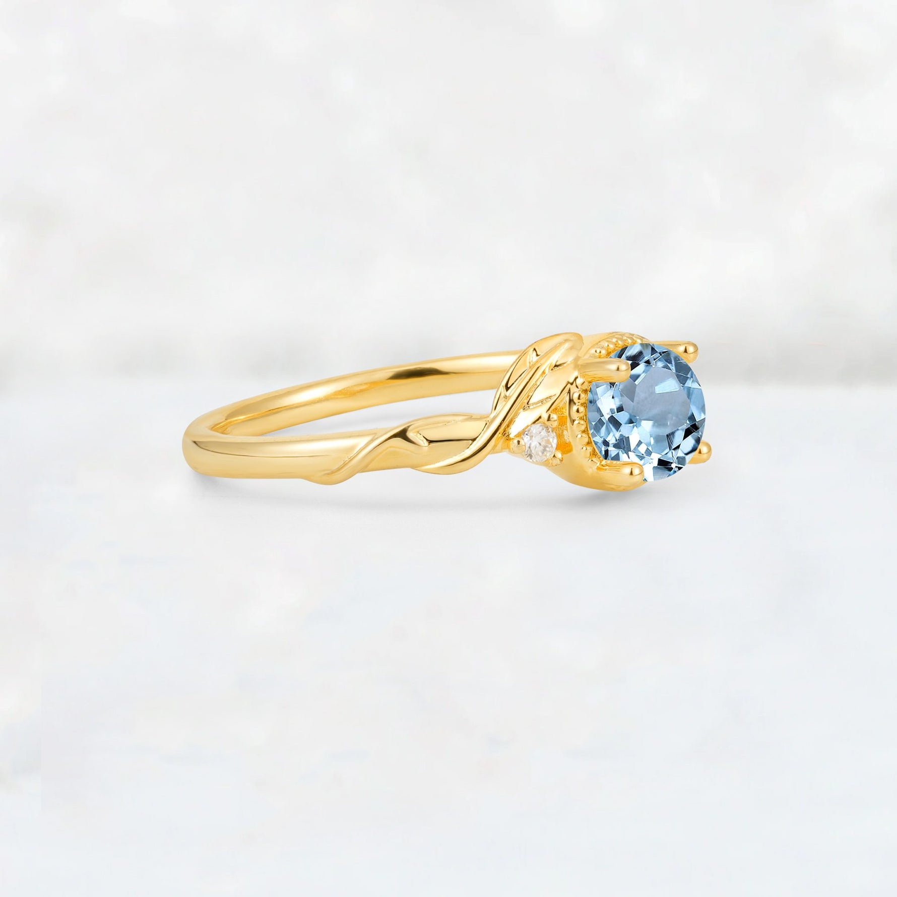Round Cut Aquamarine Leaf Vine Nature-Inspired Engagement Ring - Additional view