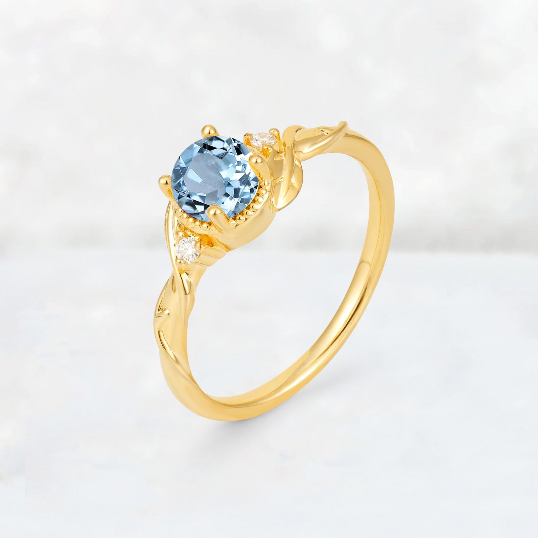 Round Cut Aquamarine Leaf Vine Nature-Inspired Engagement Ring - Additional view