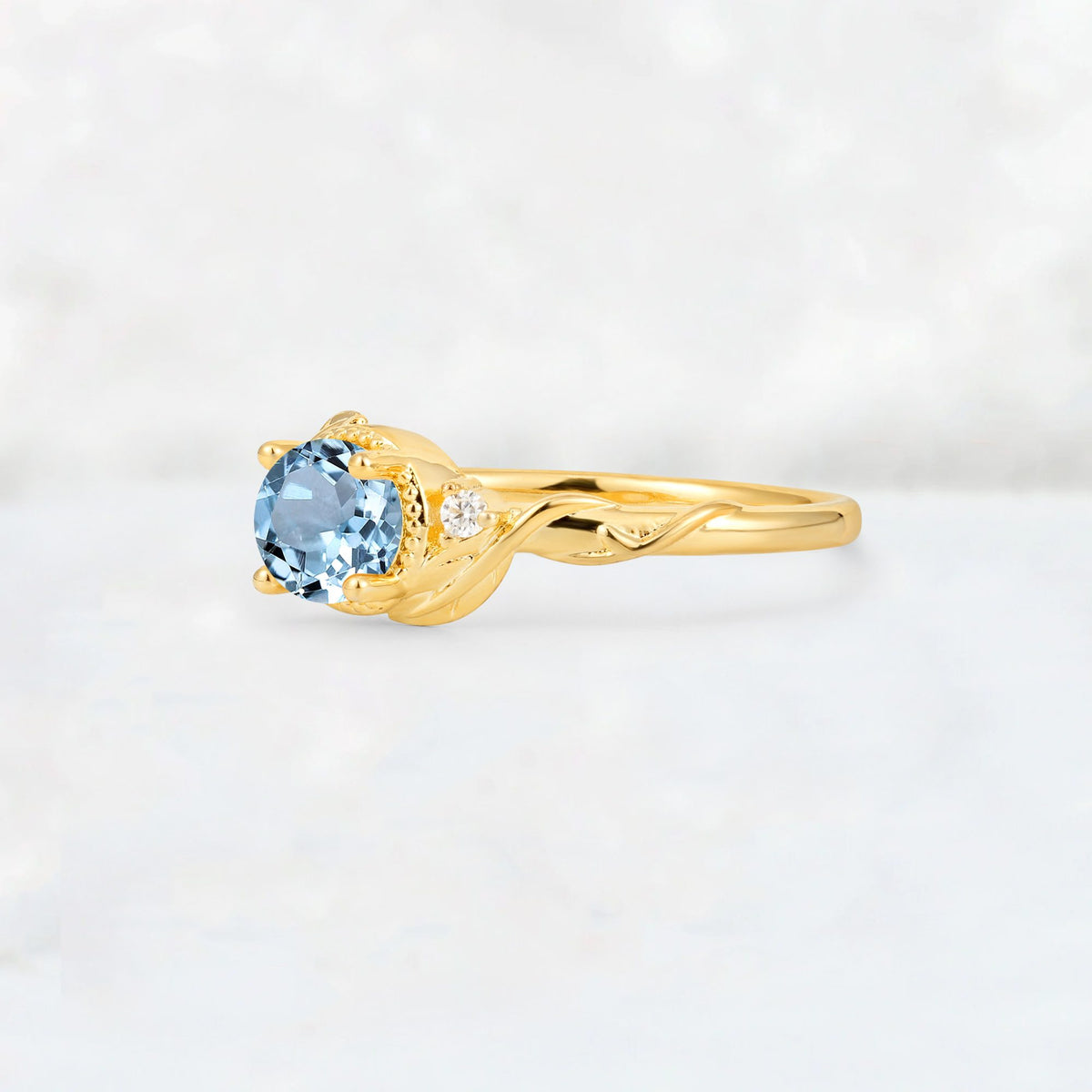 Round Cut Aquamarine Leaf Vine Nature-Inspired Engagement Ring - Additional view