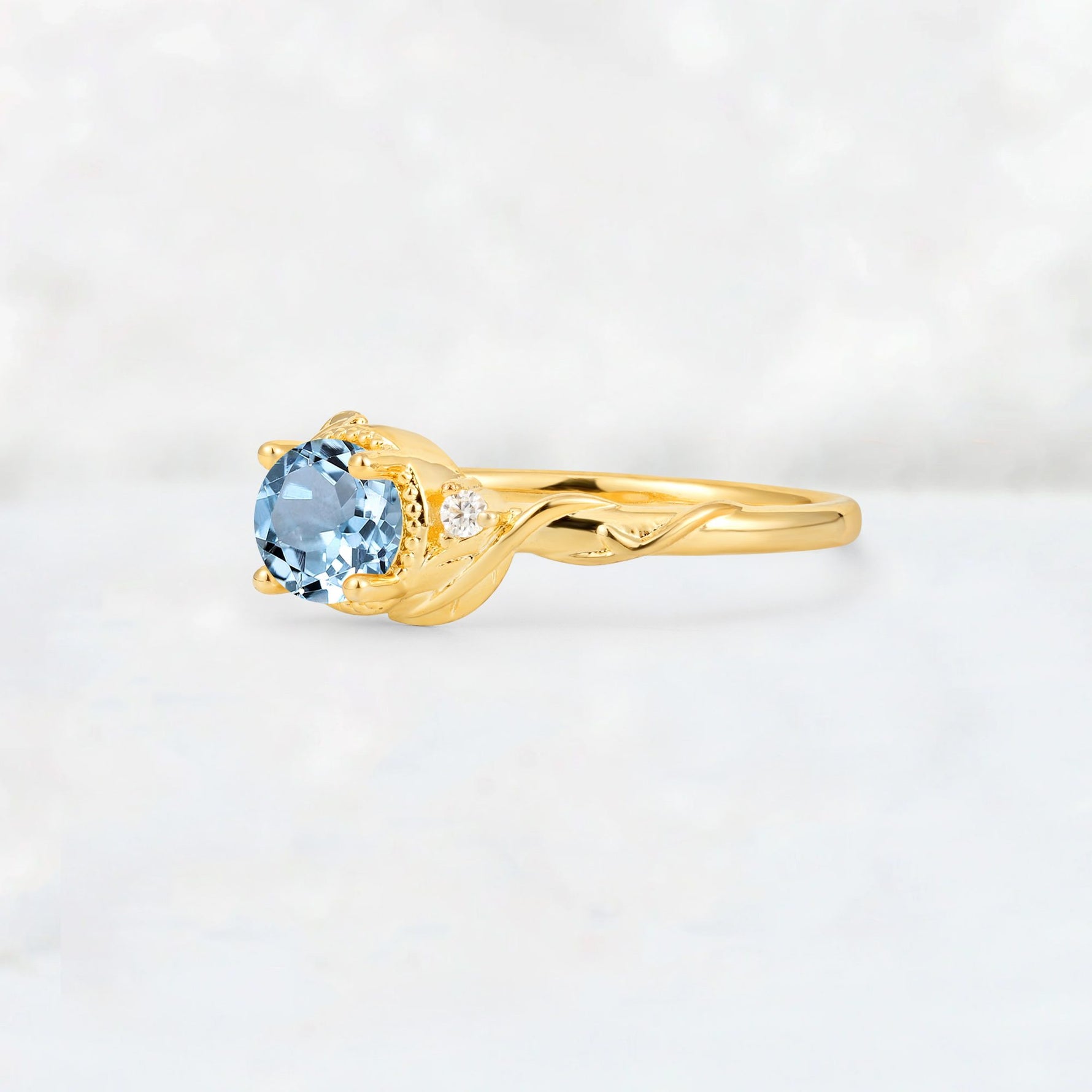 Round Cut Aquamarine Leaf Vine Nature-Inspired Engagement Ring - Additional view