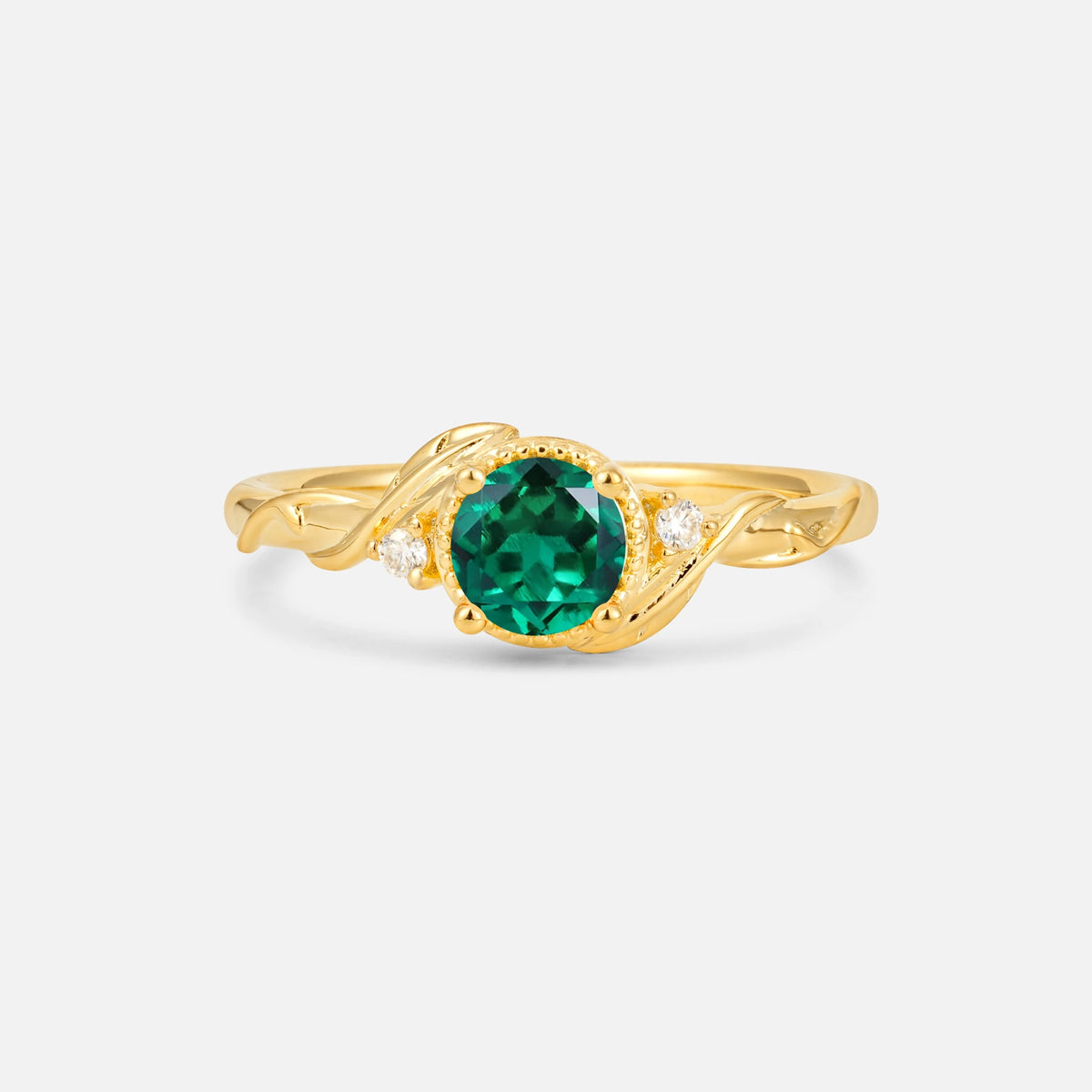 Round Cut Emerald Leaf Vine Nature-Inspired Engagement Ring - Additional view