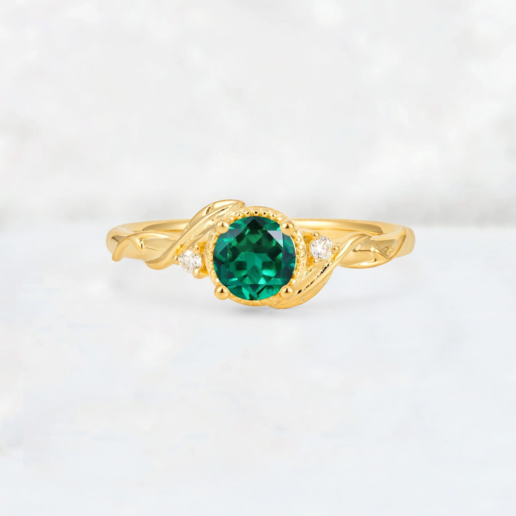 Round Cut Emerald Leaf Vine Nature-Inspired Engagement Ring - Additional view