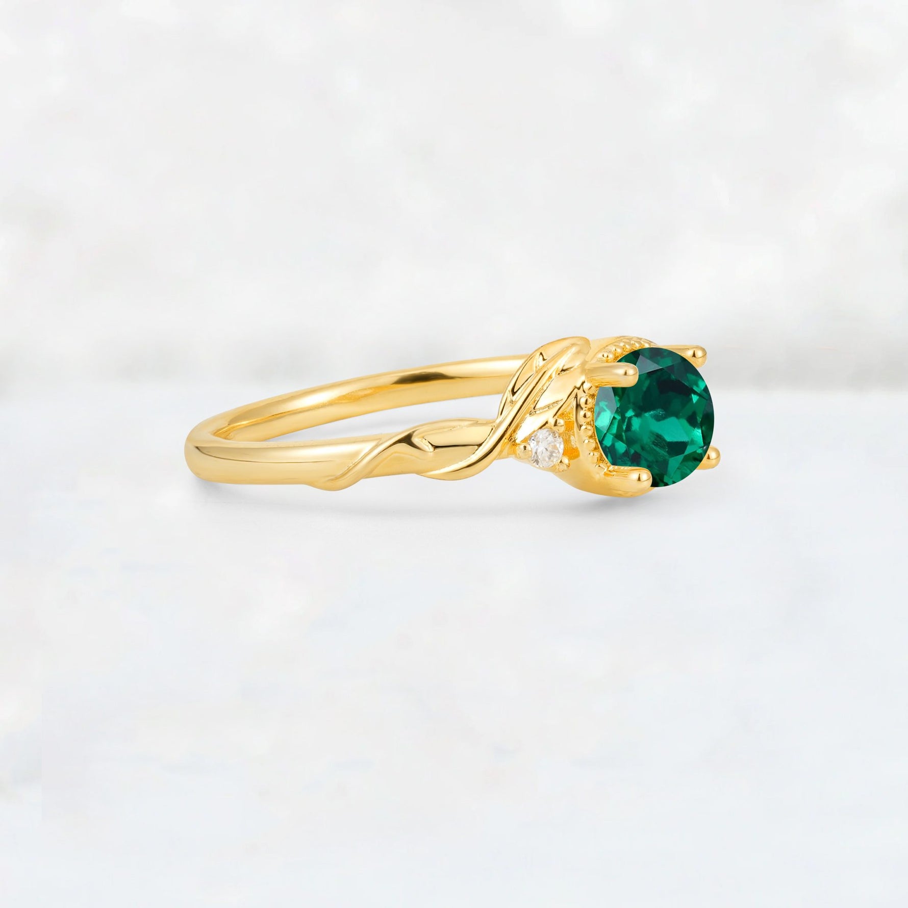 Round Cut Emerald Leaf Vine Nature-Inspired Engagement Ring - Additional view
