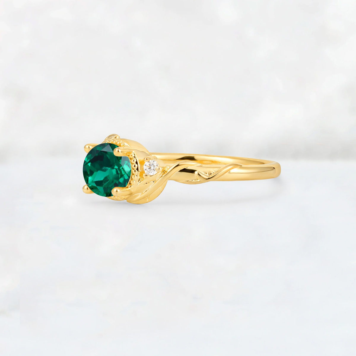 Round Cut Emerald Leaf Vine Nature-Inspired Engagement Ring - Additional view