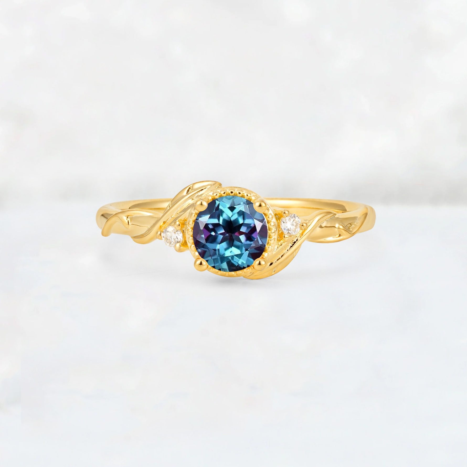 Round Cut Alexandrite Leaf Vine Nature-Inspired Engagement Ring - Additional view