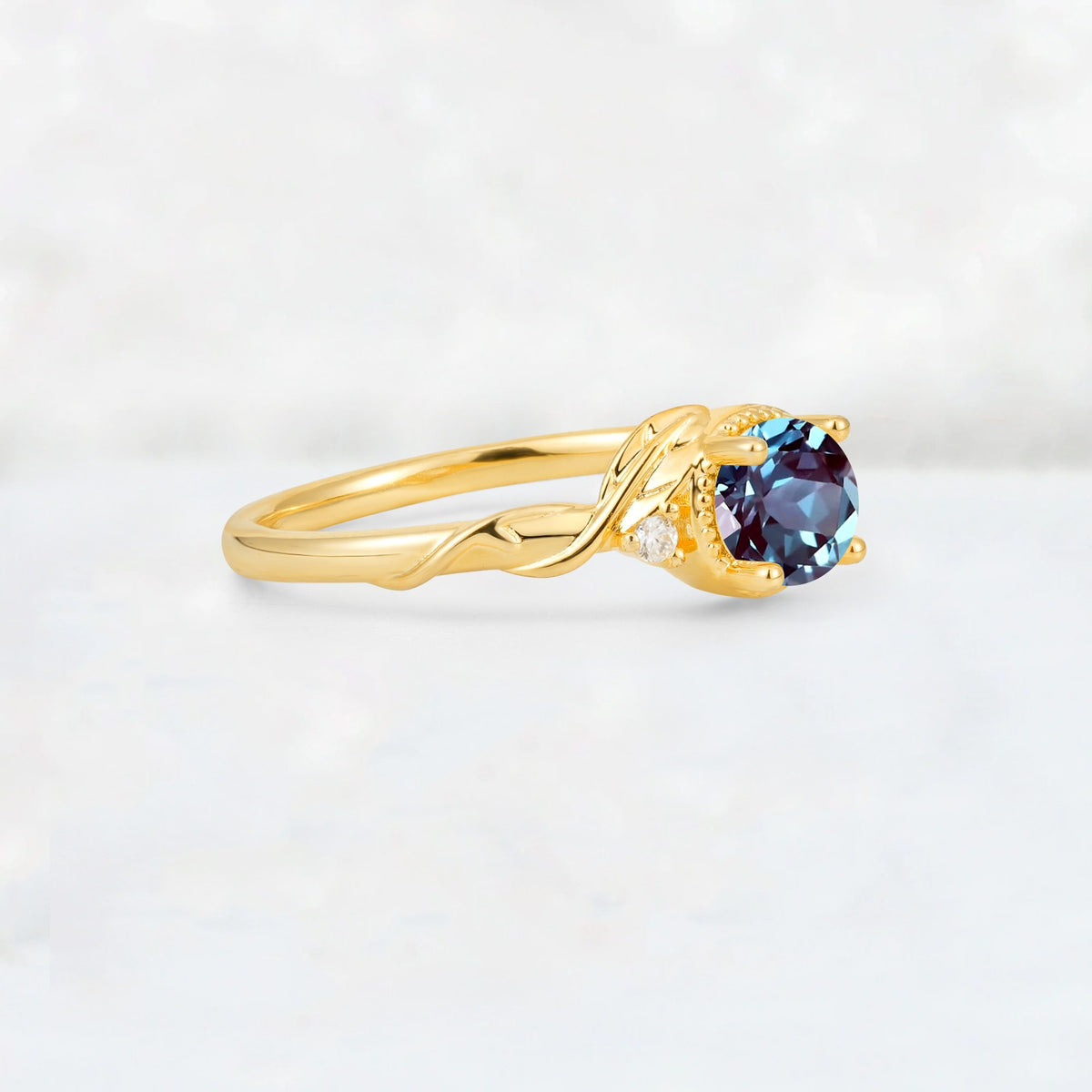 Round Cut Alexandrite Leaf Vine Nature-Inspired Engagement Ring - Additional view