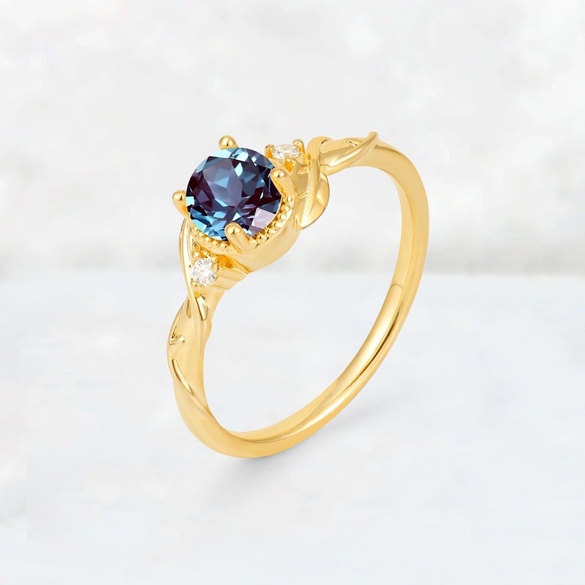 Round Cut Alexandrite Leaf Vine Nature-Inspired Engagement Ring - Additional view
