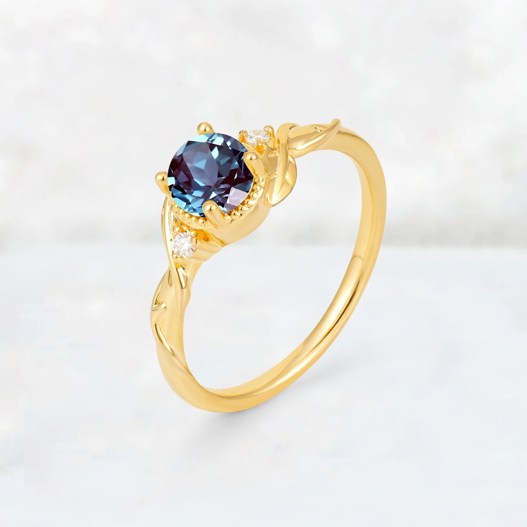 Round Cut Alexandrite Leaf Vine Nature-Inspired Engagement Ring - Additional view