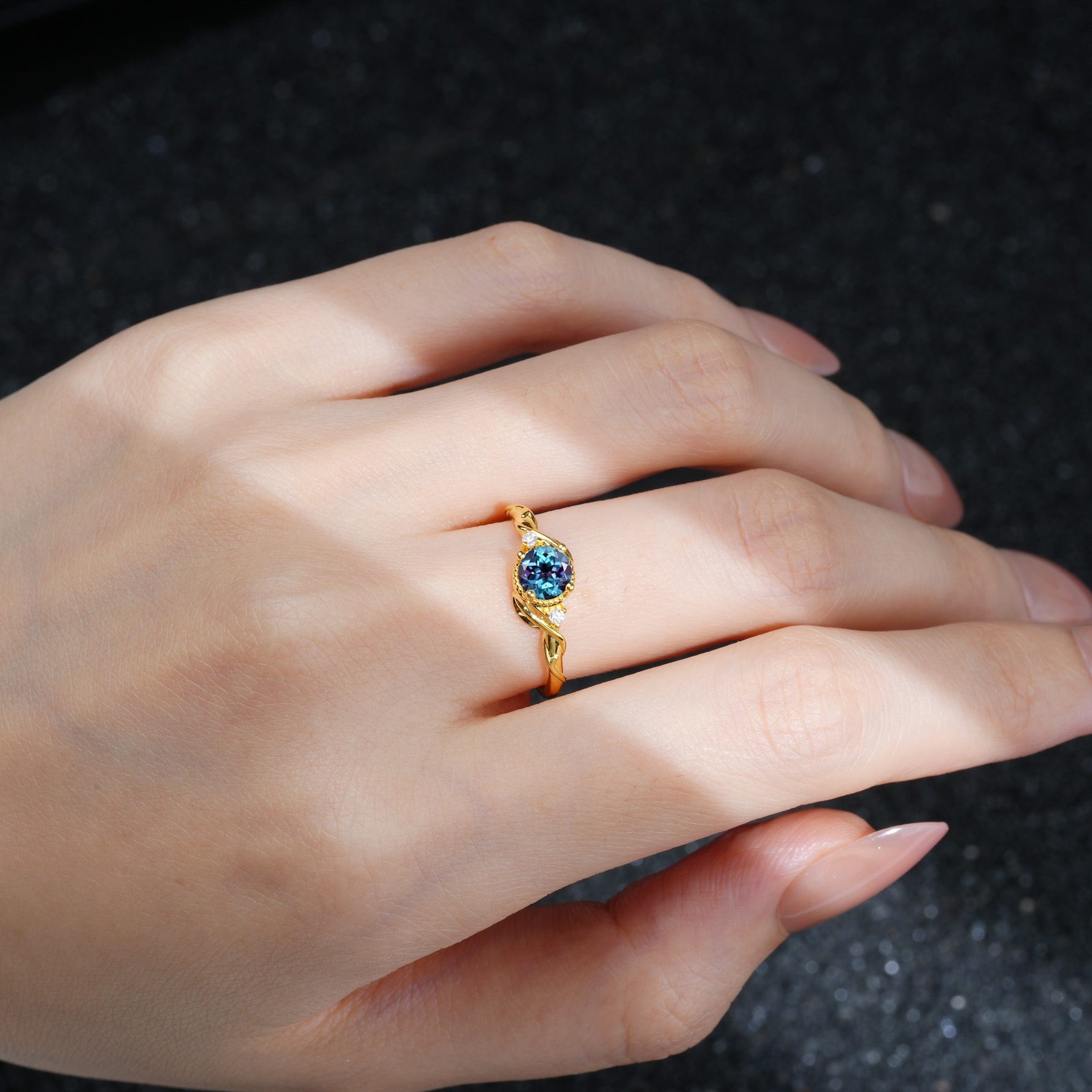 Round Cut Alexandrite Leaf Vine Nature-Inspired Engagement Ring - Additional view