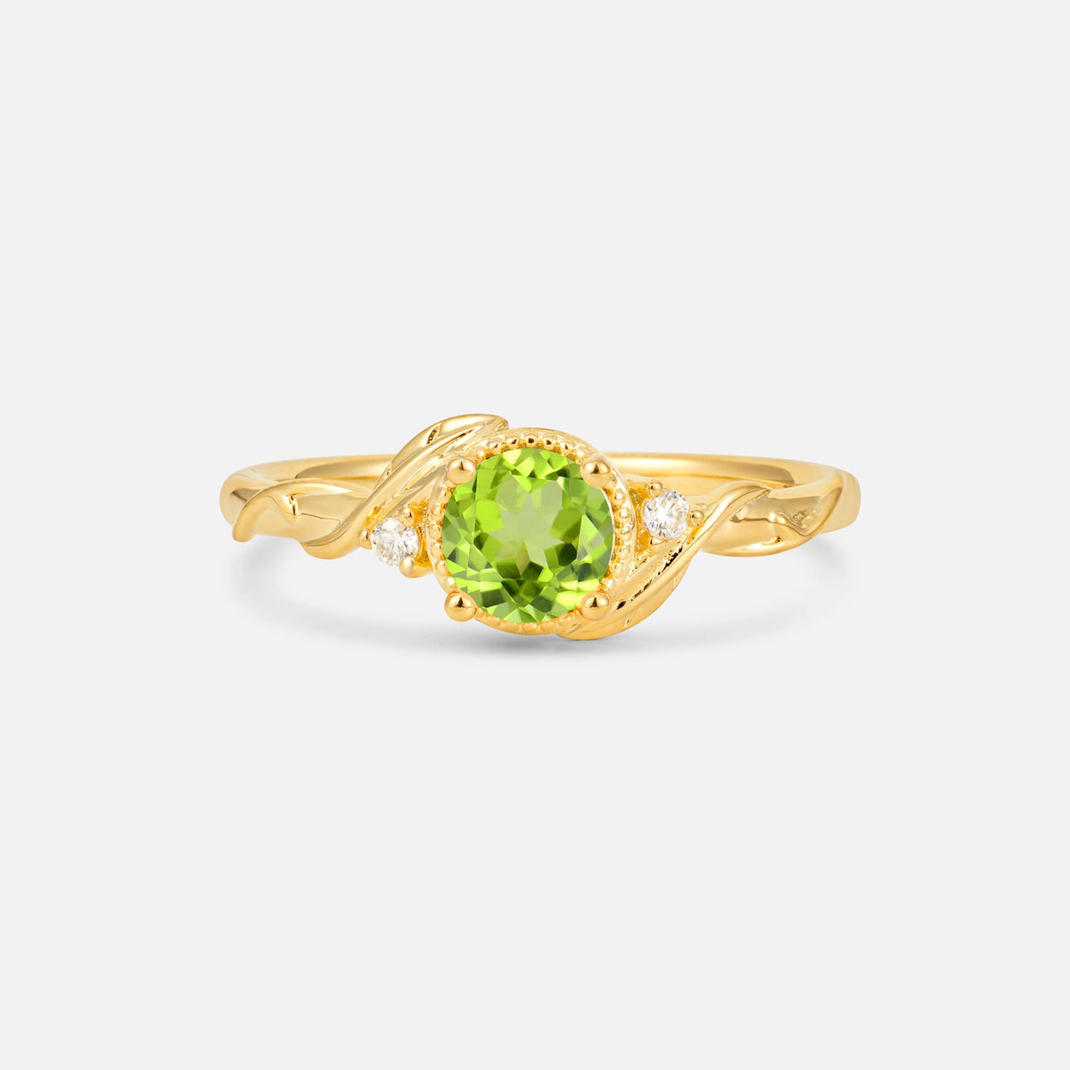 Round Cut Peridot Leaf Vine Nature-Inspired Engagement Ring - Additional view