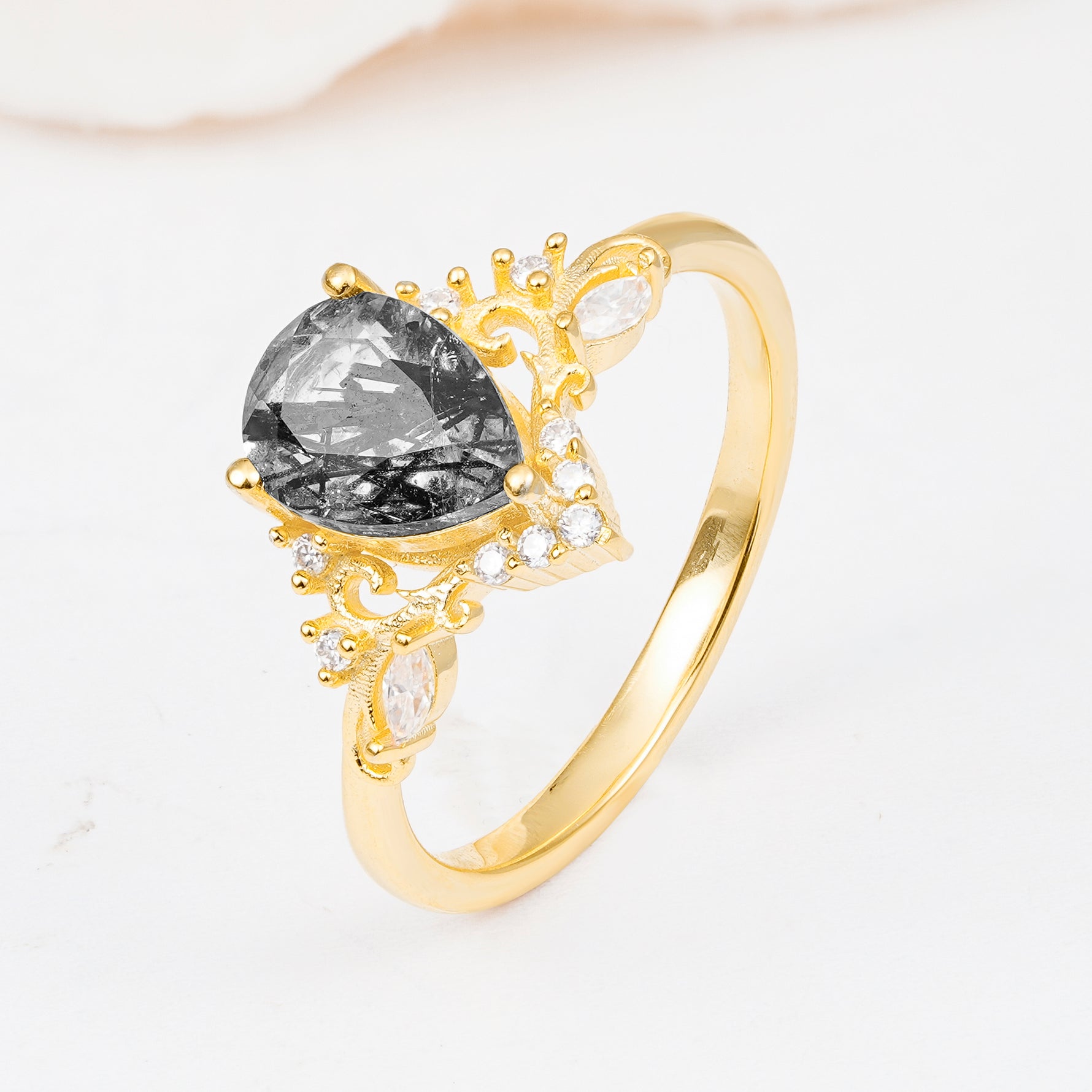SR17625 Black Rutilated Quartz Ring - White-Gold