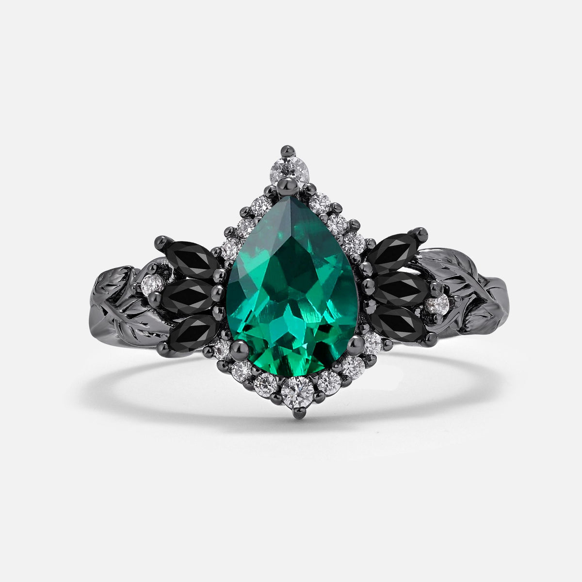 Halloween Pear Emerald Leaf Engagement Ring