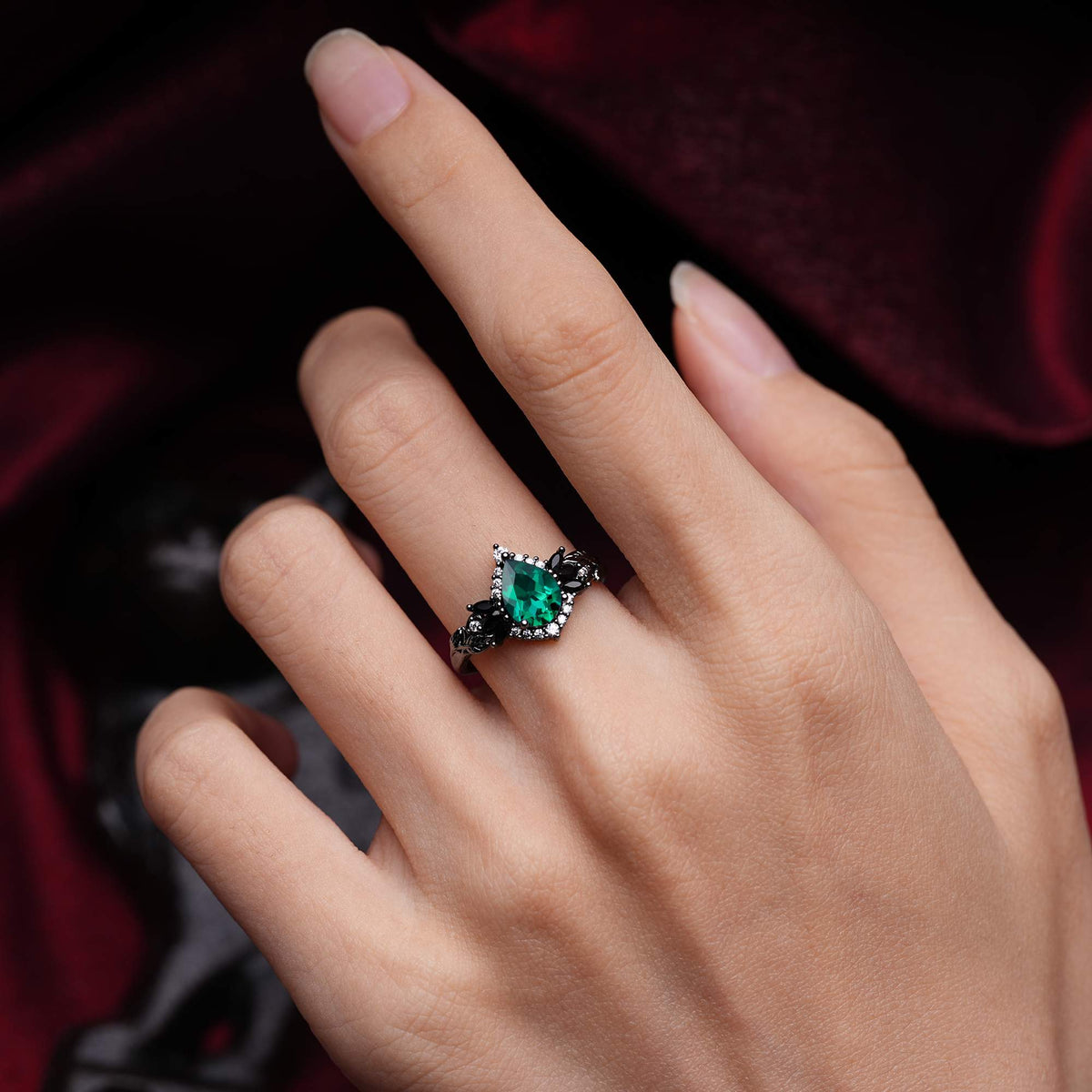 Halloween Pear Emerald Leaf Engagement Ring