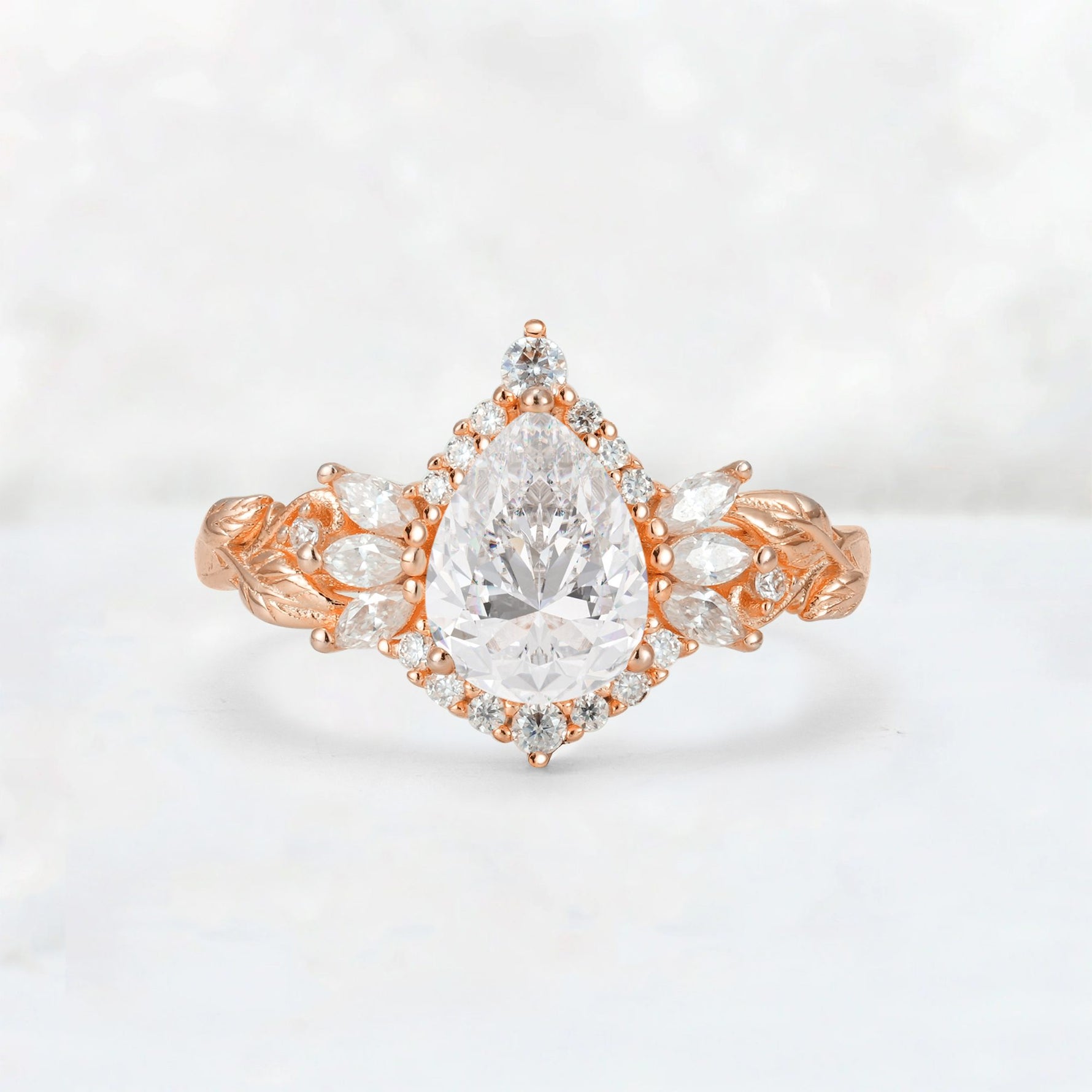 Pear Cut Moissanite Marquise Halo Leaf Vine Engagement Ring - Additional view