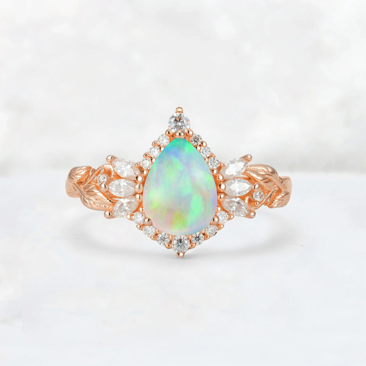 Pear Cut Fire Opal Marquise Halo Leaf Vine Engagement Ring - Additional view