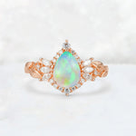 Pear Cut Fire Opal Marquise Halo Leaf Vine Engagement Ring - Additional view