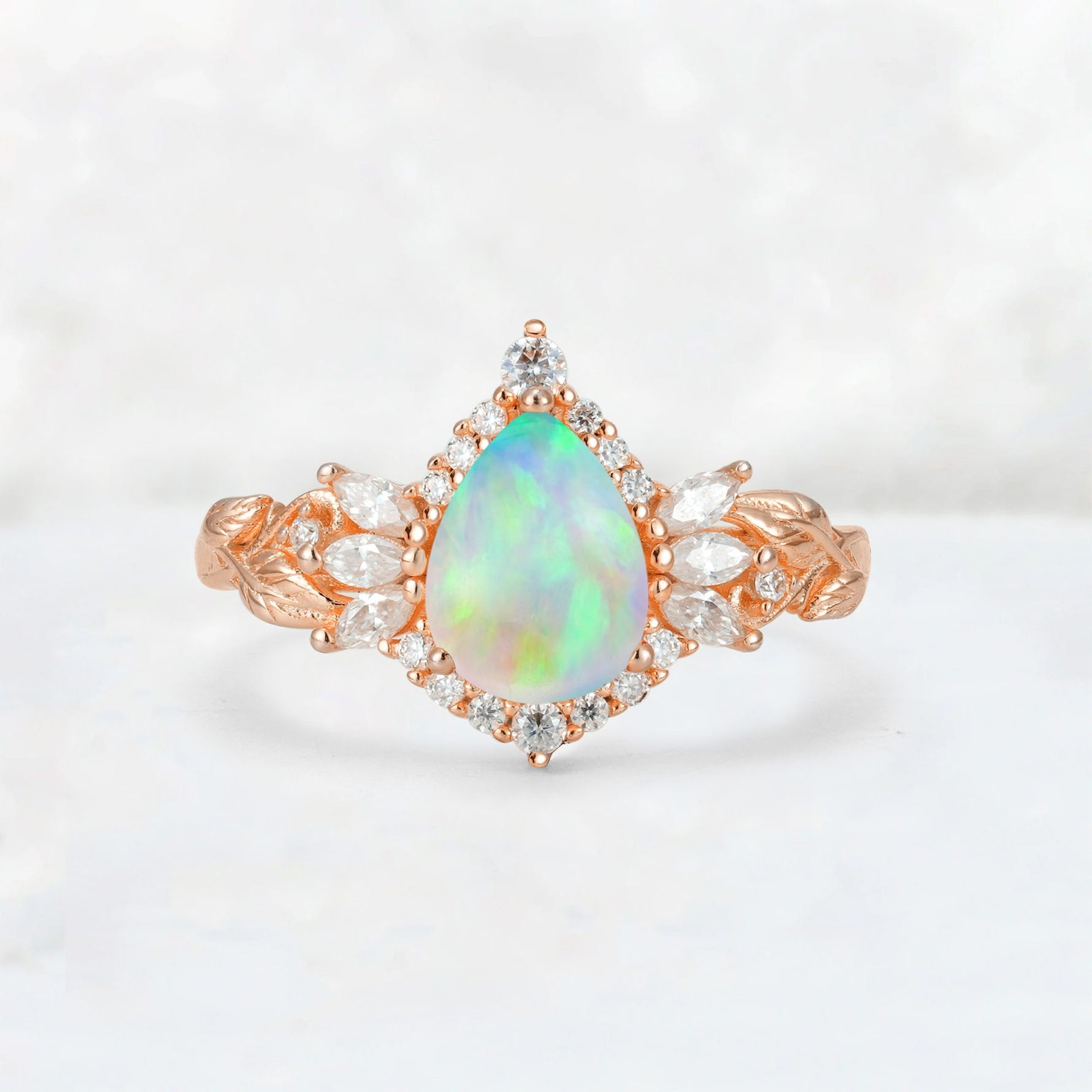 Pear Cut Fire Opal Marquise Halo Leaf Vine Engagement Ring - Additional view